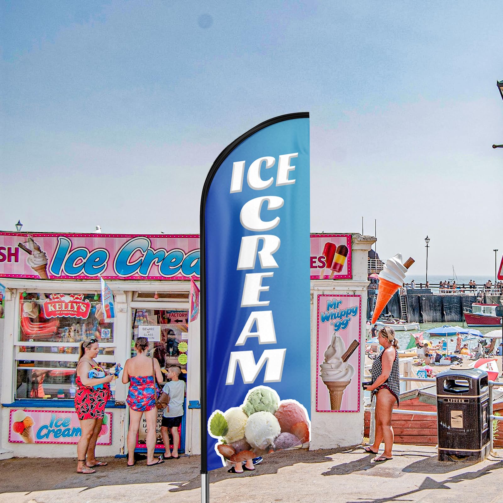 QSUM Ice Cream Blue Swooper Flag,11FT Ice Cream Blue Advertising Flag with Pole Kit, Ground Spike, Ice Cream Blue Signs Feather Flag for Businesses and Storefronts