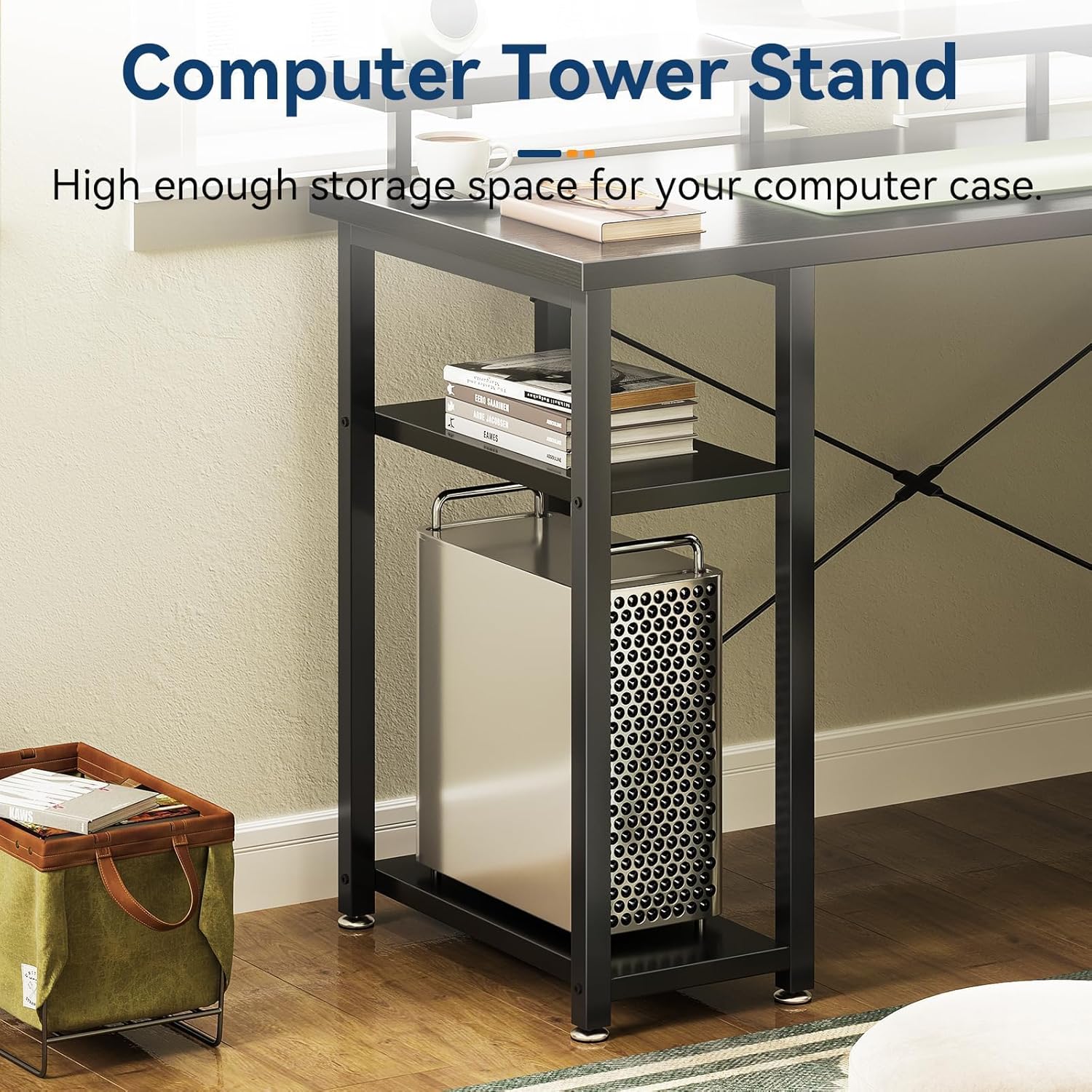 Close-up view of the computer tower stand and two-tier storage shelves on the left side of the KKL L Shaped Desk, with a computer tower placed on the bottom shelf.