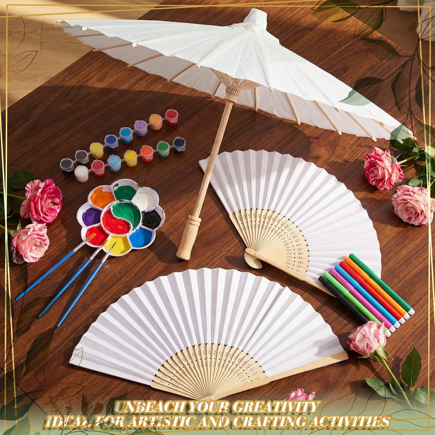 24 Pcs Wedding Favors White Paper Umbrellas and Hand Fan Set, Bamboo Folding Handheld Fan, 23.6 Inch Folded Parasol DIY Sets Decorative Vintage Decor for Wedding Party Bridal Shower