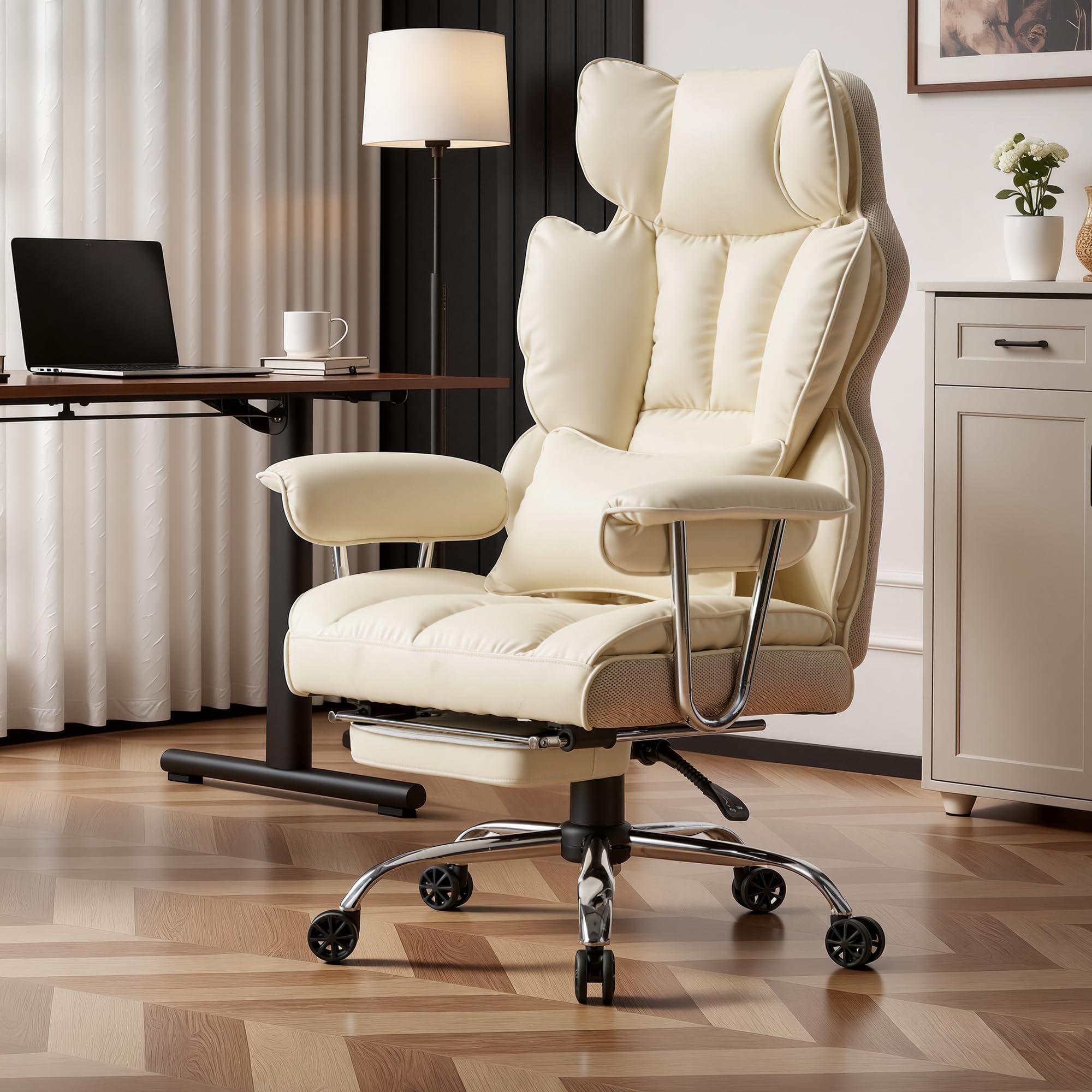 Efomao Chefsessel, PU Leder Ergonomischer Bürostuhl, 200 kg mit Fußstütze und Lendenwirbelstütze, Verstellbarer Stuhl mit hoher Rückenlehne