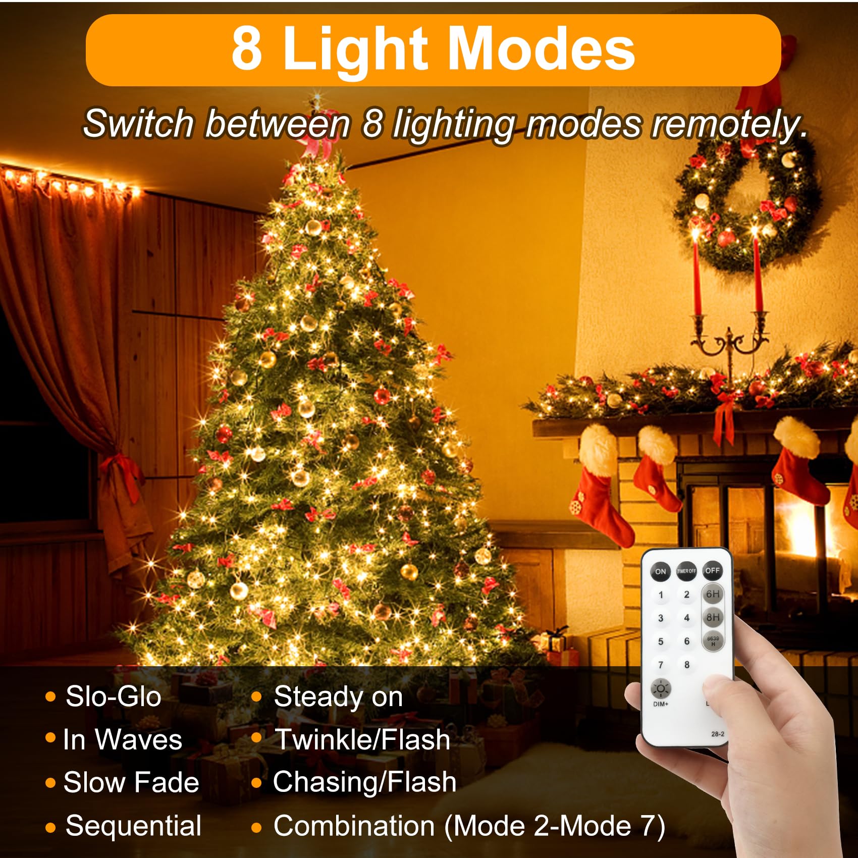 Realky Luci Albero di Natale, 38.2M 320 LED Luci Natalizie da Esterno ed Interno, 8 Modalità con Funzione Memoria e Telecomando Luci di Natale per Giardino, Balcone, Casa, Festa - Bianco Caldo