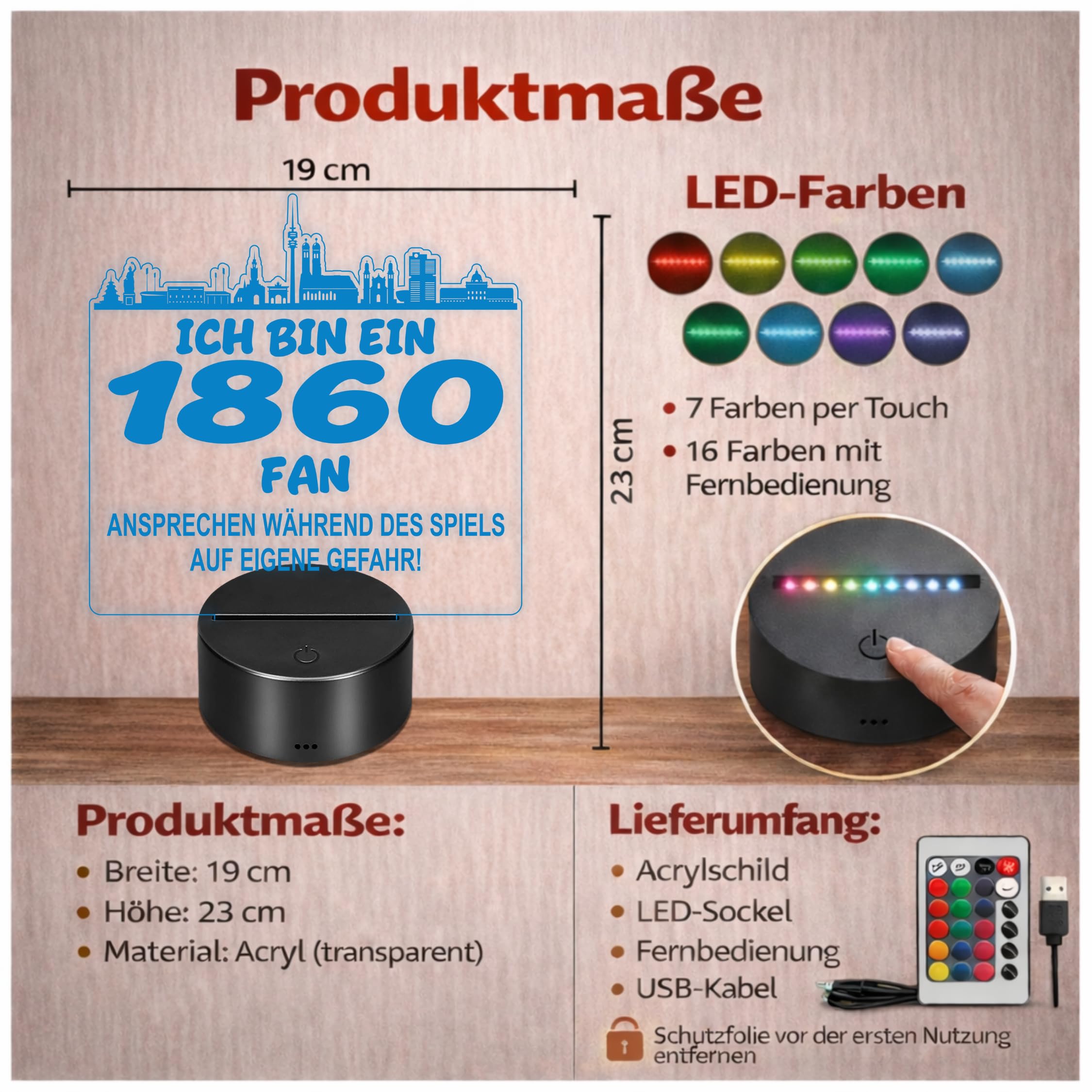 Lieblingsmensch 1860 Fan Fußball LED Nachtlicht – 3D Skyline Design „Ansprechen auf eigene Gefahr“ – RGB Farbwechsel mit Fernbedienung & Touch – Stimmungslicht für die Man Cave – 19x23cm