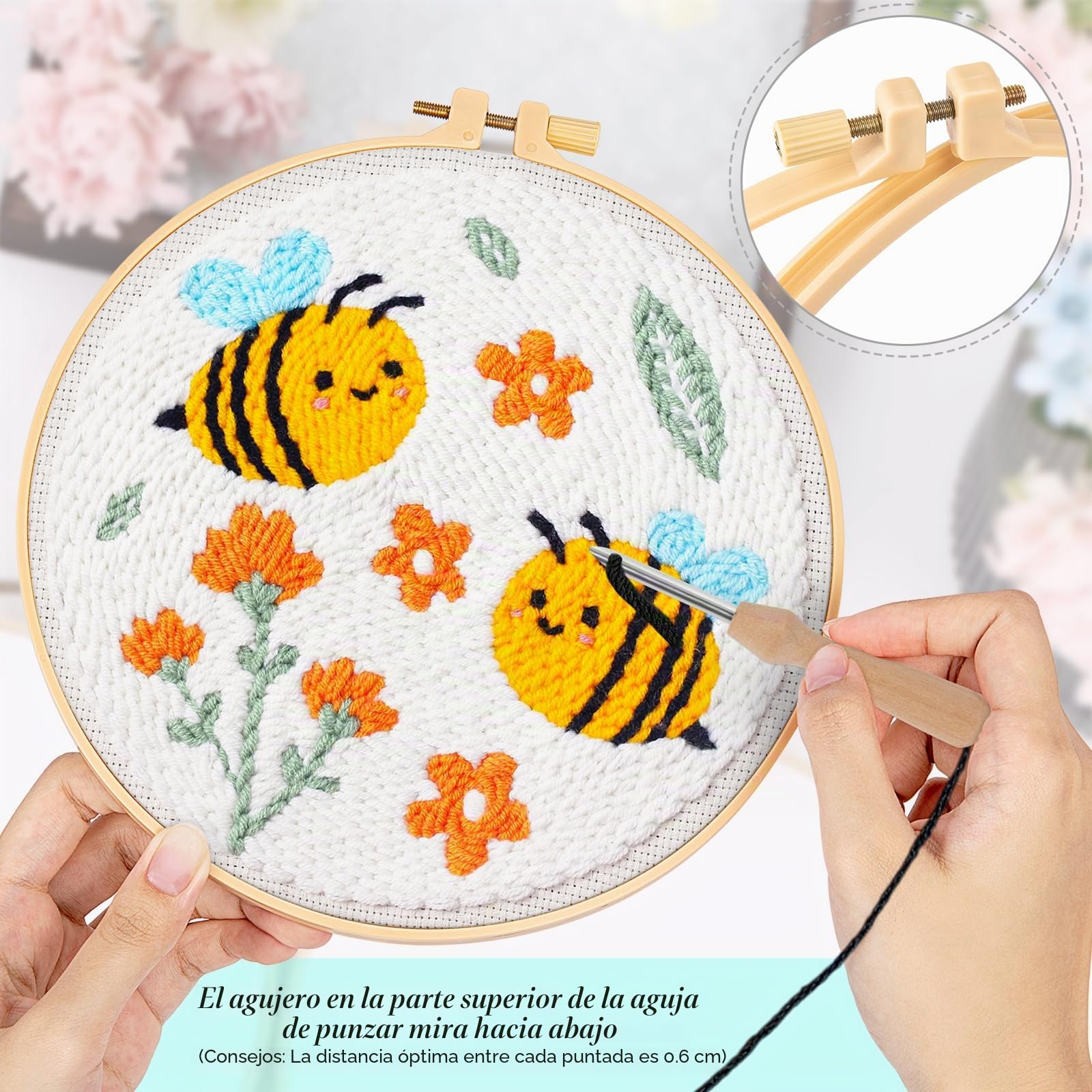 JSRQT 2 Juegos Kit de Bordado con Aguja Perforadora para Principiantes, Sencillo Punch Needle Kit con Patrón Mariposa Abeja para Adulto Niño, Bordado Hecho a Mano Manualidades DIY Decoración del Hogar