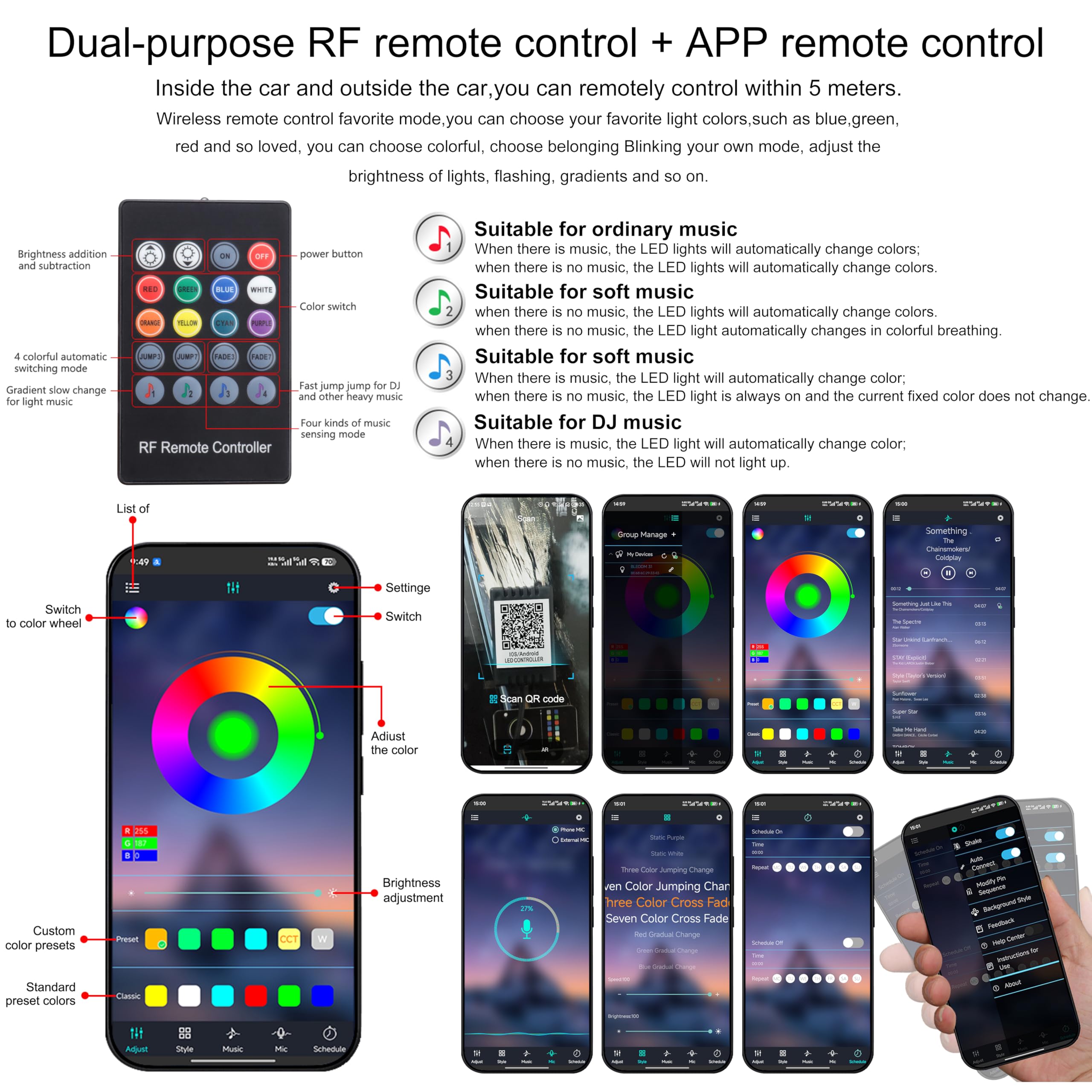 Auto Interno Strip Luces, 6 in 1 Multicolore RGB Auto Footwell Kit di illuminazione ambientale, 8m Fibra ottica EL Neon Tube Luce, Modalità fai da te Sinc musicale Remoto RF + APP DC 12V