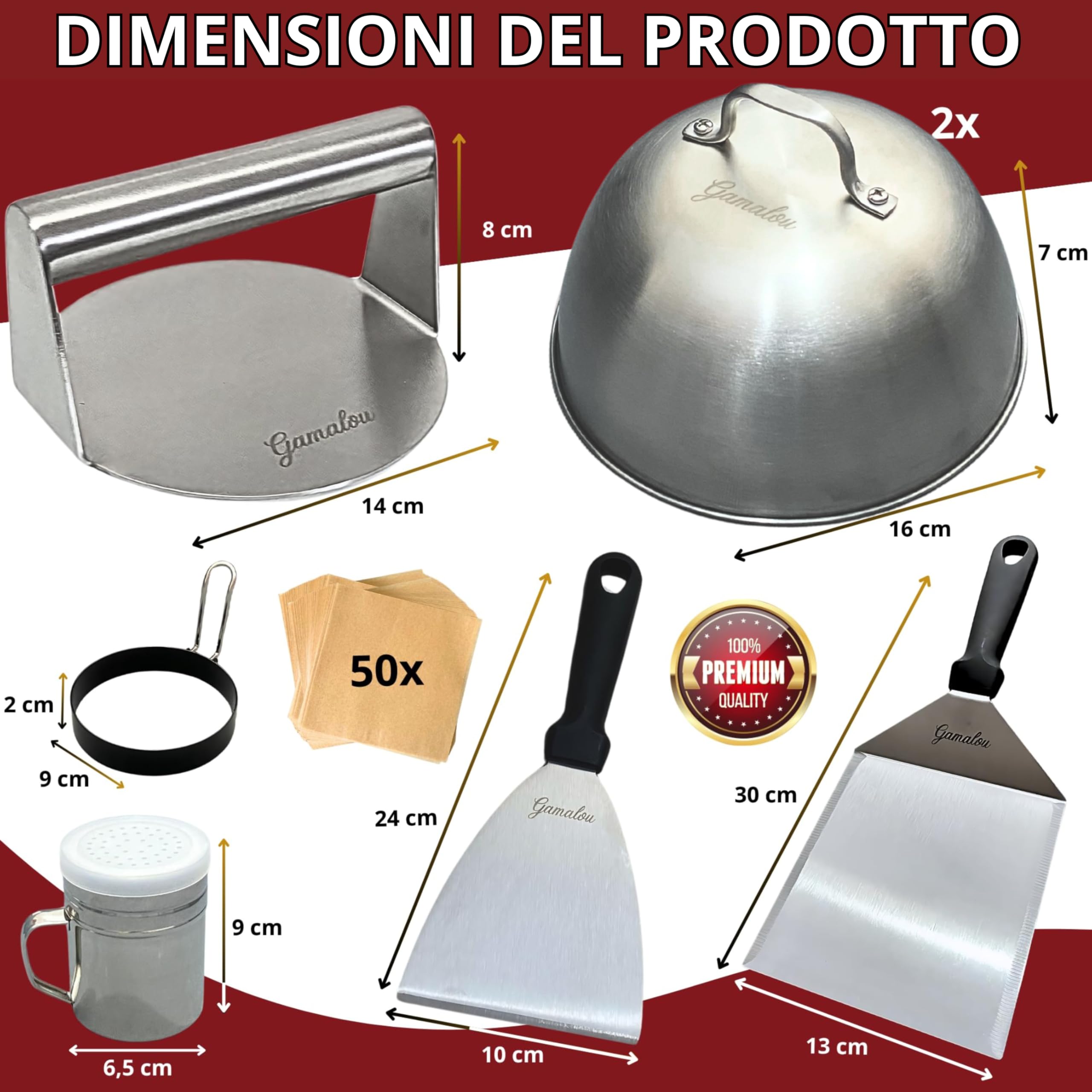 Smash Burger Kit Professionale in Acciaio Inox: Pressa Hamburger, Spatola 13 cm, Raschietto 10 cm, 2 Cloche, Anelli Uovo e Spargispezie per Griglia, Piastra, Padella – Certificato EU