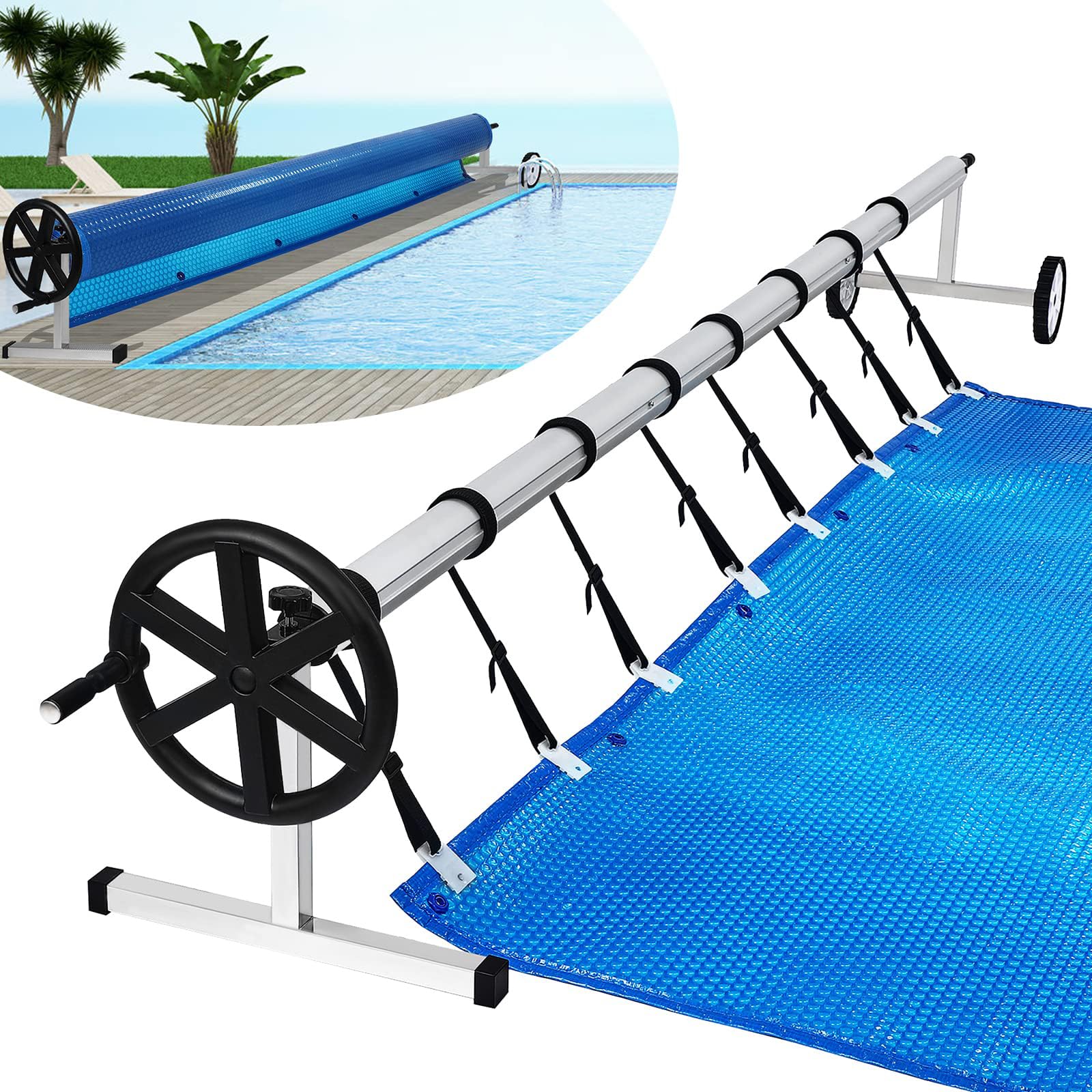 YUENFONG Sistema Enrollable móvil de Acero Inoxidable para Lona Solar, Lonas de Piscina, Enrollable móvil Ajustable, con Ruedas y Correas, Material Resistente a la Intemperie (3m-5,70m)