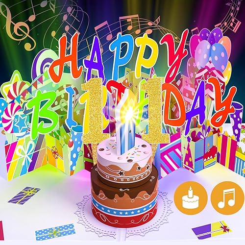 Gumry Tarjeta de cumpleaños número 11, tarjeta desplegable de cumpleaños musical soplable con luz LED, canción "Happy", decoraciones de cumpleaños
