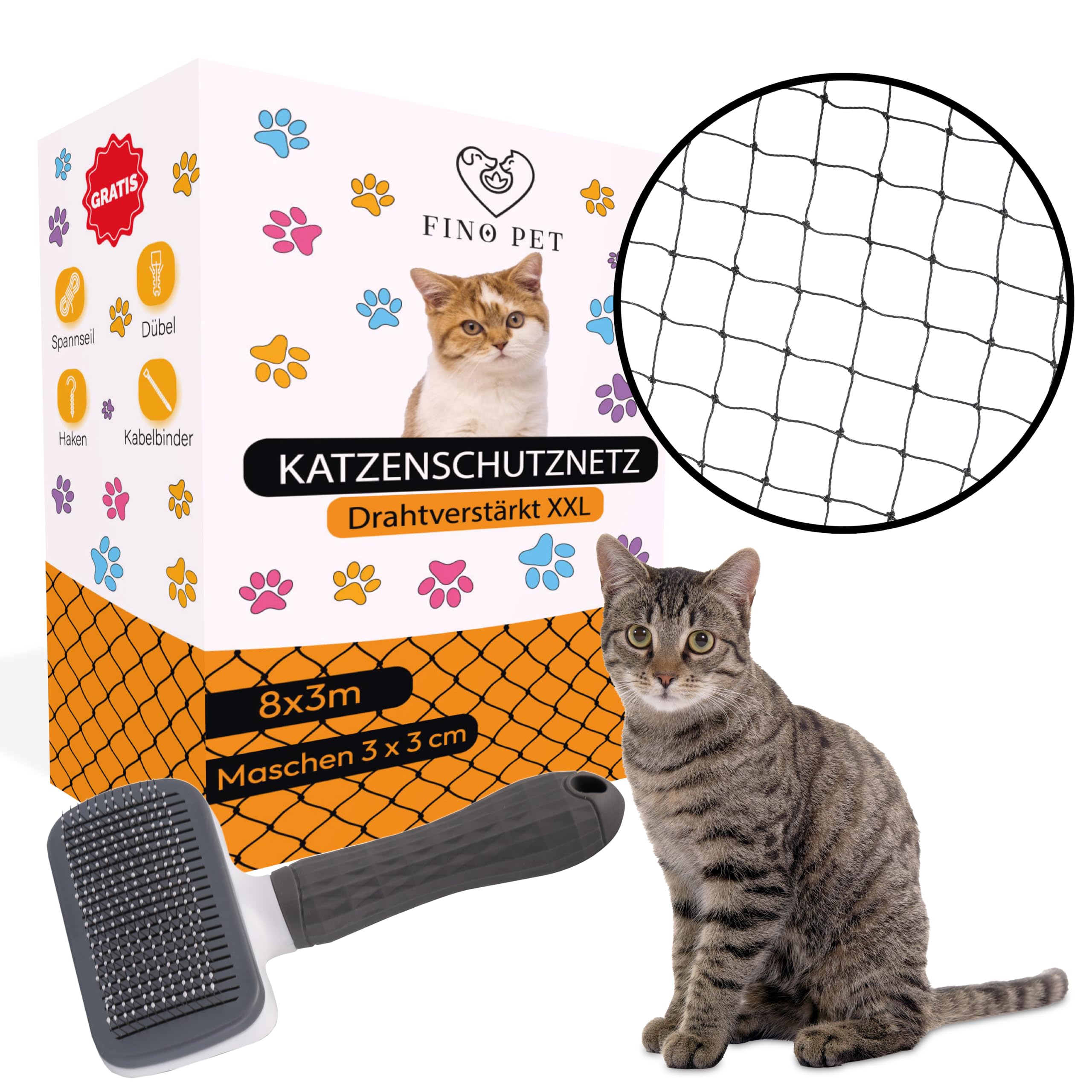 FinoPet Red para gatos para balcón, reforzada, 8 x 3 m, con cepillo para gatos y material de fijación, red de protección para gatos, red de seguridad, red de balcón, para gatos