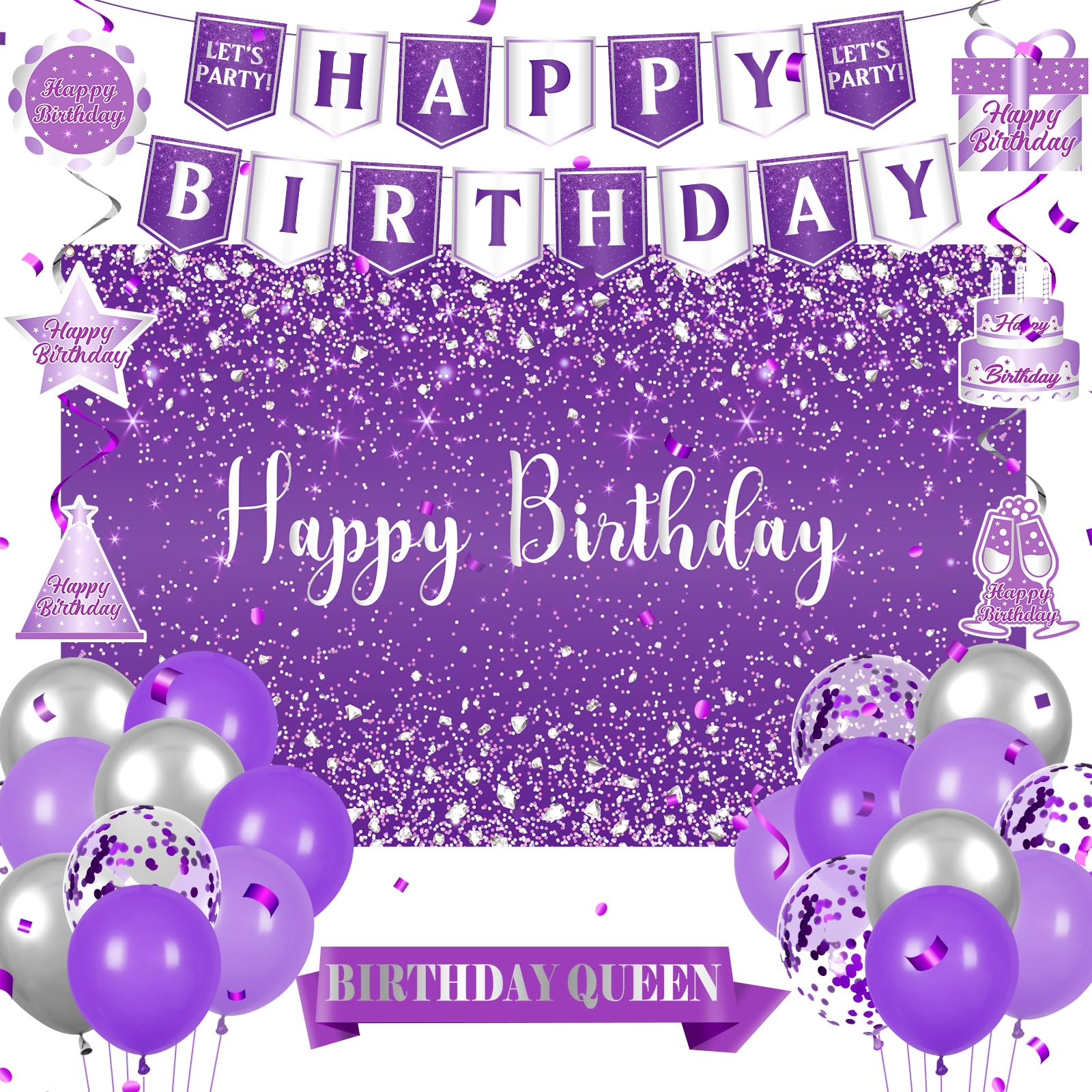 Purple Party Decorations for Women Girls Happy Birthday Banner Silver Glitter Backdrop Hanging Swirls Queen Sash 20PCS Purple Latex Balloons Set for