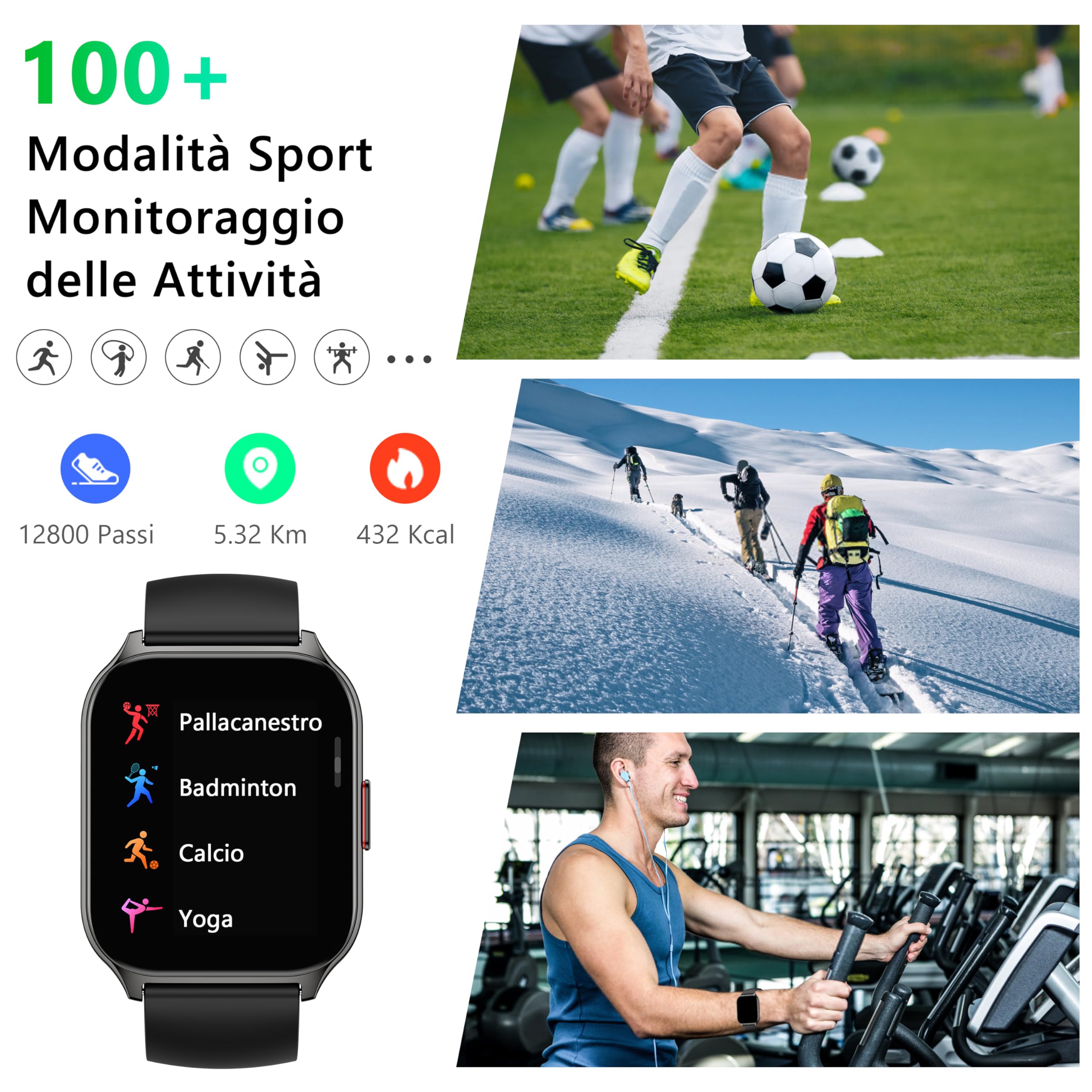ZOSKVEE Smartwatch Uomo Donna, Effettua/Rispondi alle Chiamate, 2.0" Fitness Orologio, 100+ Modalità Sportive, Monitoraggio SpO2/Sonno/Pressione Sanguigna/Frequenza Cardiaca, Compatibile iOS/Android