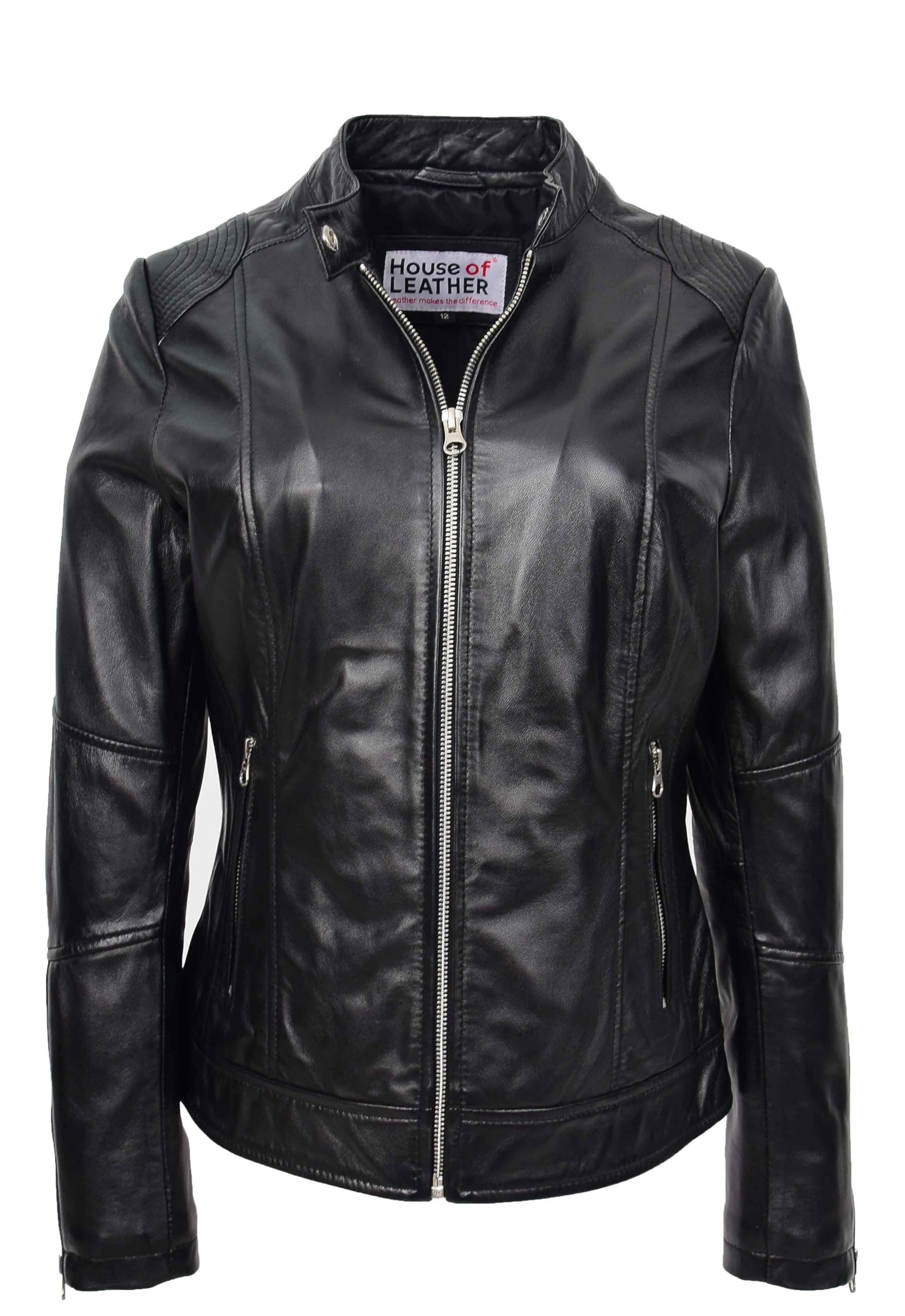 House of Leather Women's Real Leather Biker Jacket - Black - Size 20