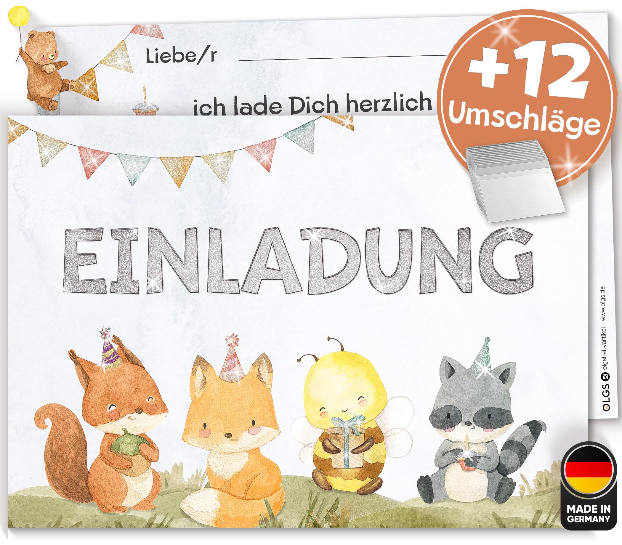 OGLS Einladungskarten Kindergeburtstag Tierfreunde mit Glitzer, 12er Set mit Umschlägen, Waldtiere wie Fuchs, Waschbär, Biene, zum Ausfüllen für Jungen & Mädchen