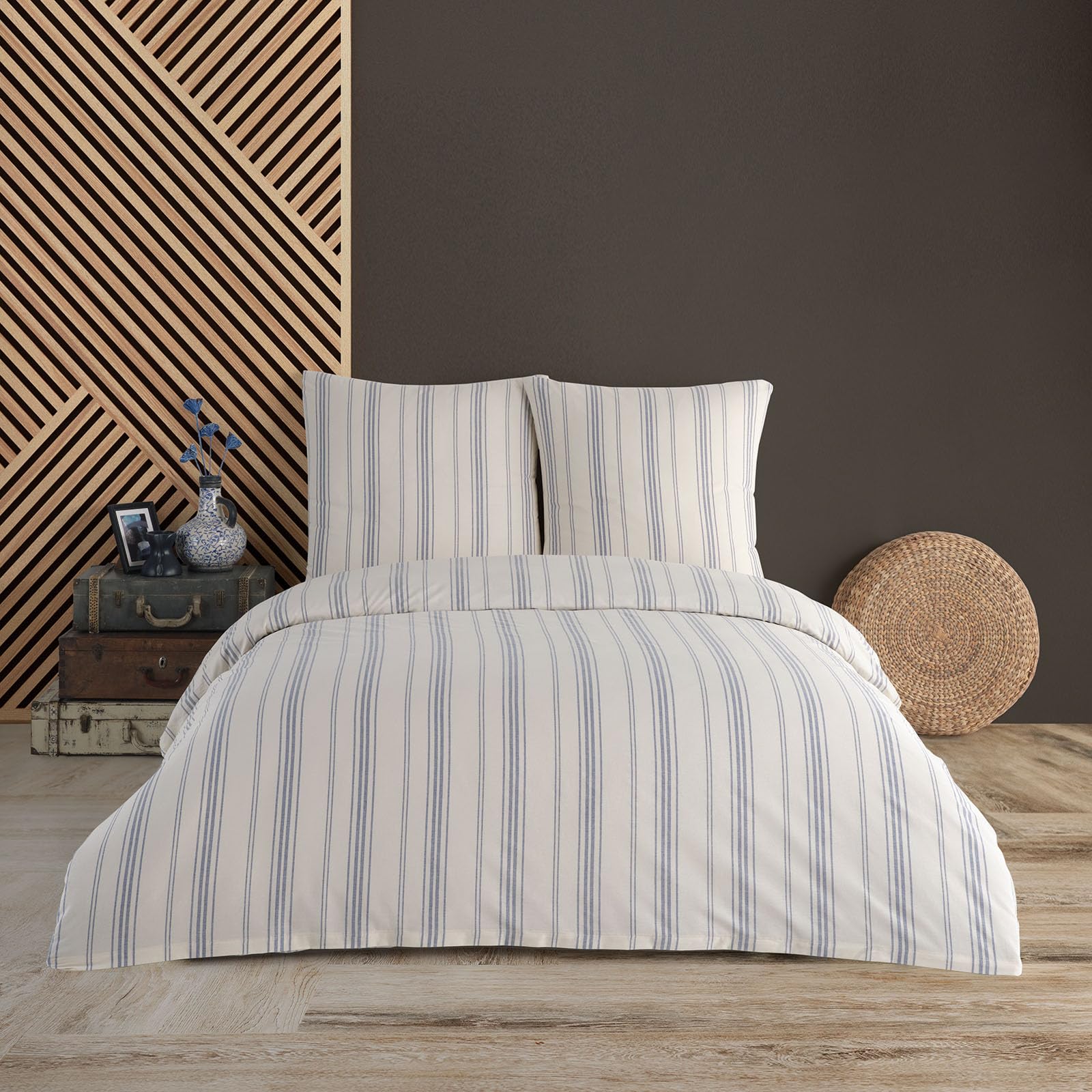 Buymax® Bettwäsche 200x220 cm 100% Baumwolle 3-Teilig Natur Bettwäsche-Set Bettgarnitur mit Reißverschluss Bettbezug und Kissenbezug 80x80 Streifen Muster (Weiß-Blau)