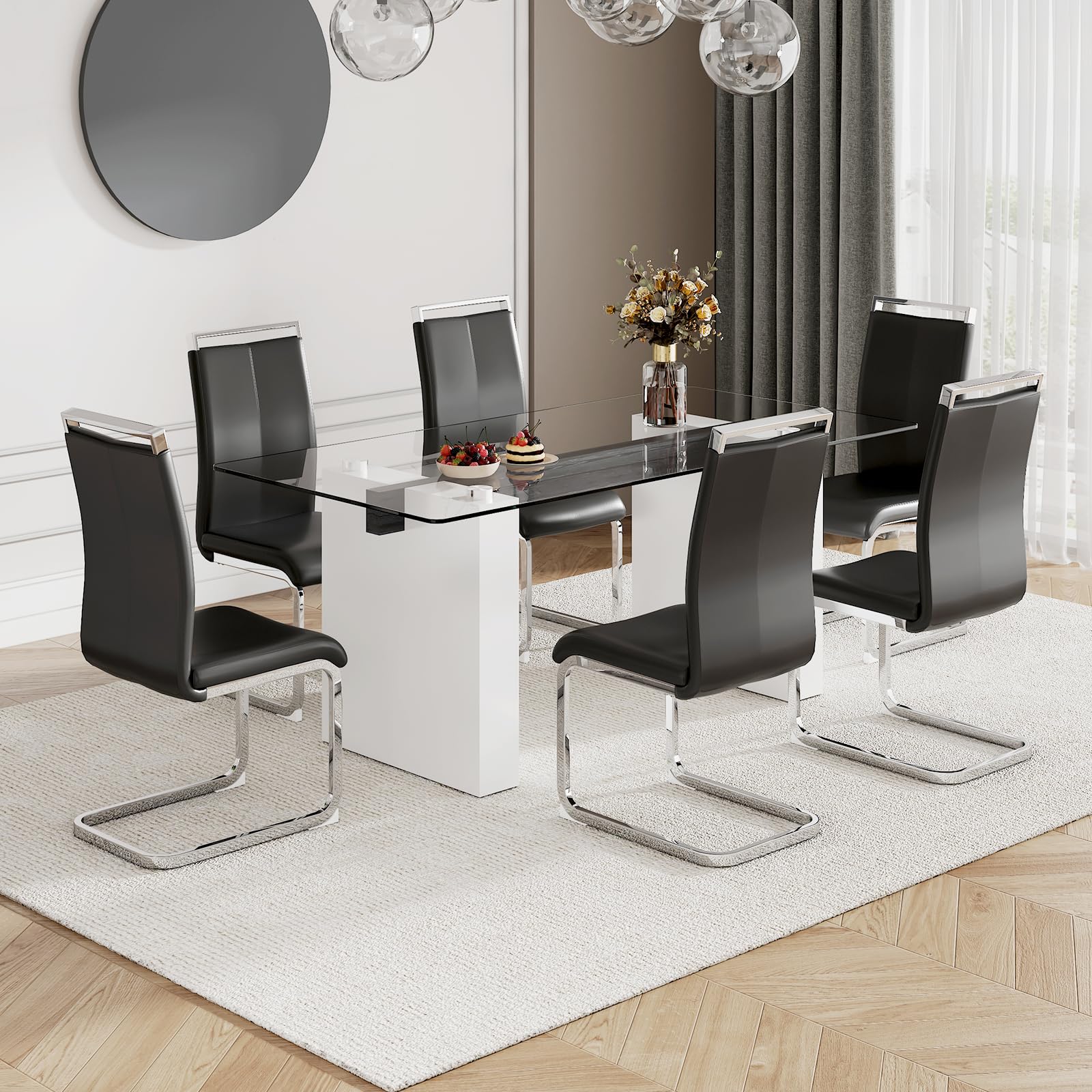 MUUOKY 71 in Glass Dining Table Set for 6, Dining Room Table Set for 6, Tempered Glass Table Top with White MDF Frame & 6 Black PU Leather Ergonomic