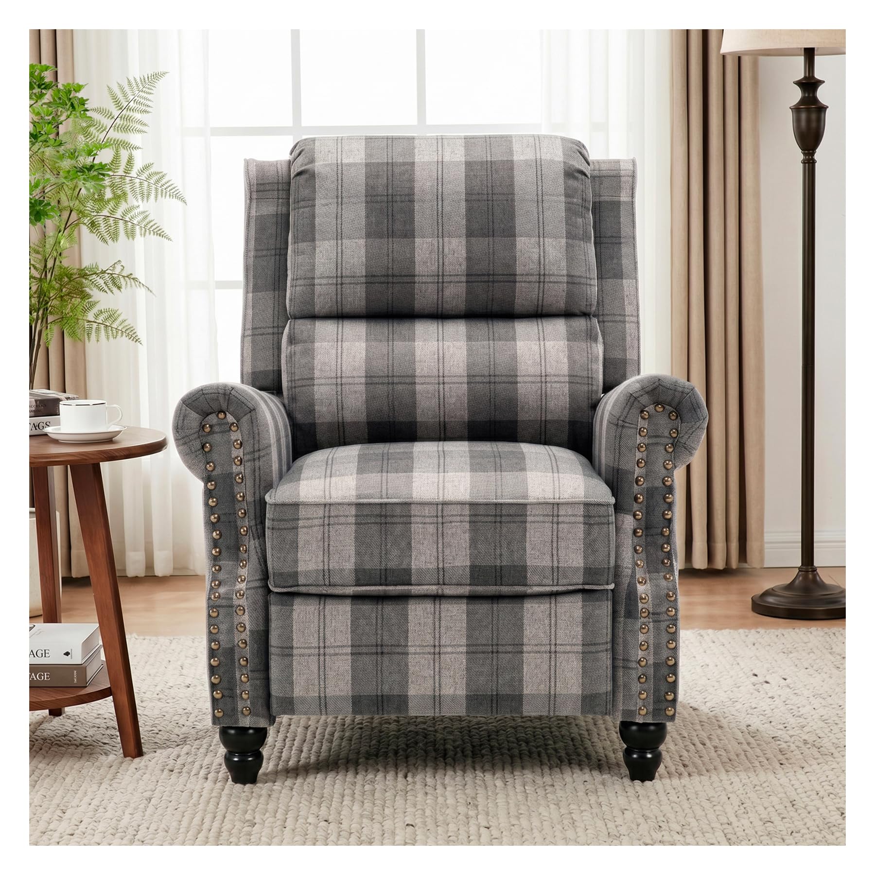 INMOZATA Grey Tartan Linen Recliner Armchair, Vintage Wingback Reclining Sofa Chair with Extendable Footrest, High-Density Sponge Arm Chair for Living Room, Bedroom, Theater(Grey Check)