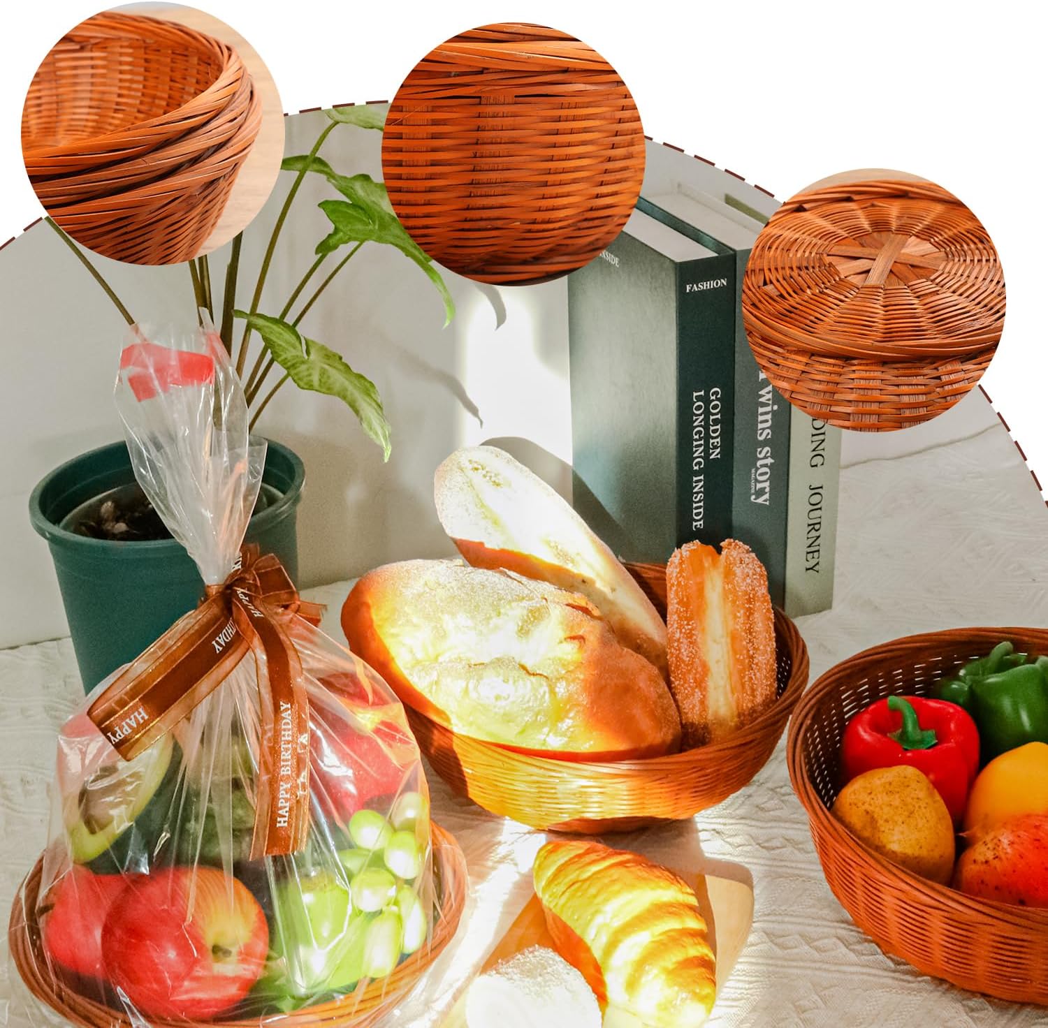4 Pack 9.7 Inch Round Hand Woven Bamboo Basket, Round Bamboo Serving Basket for Picnic, Wall Decorate and Rustic Party Decorate