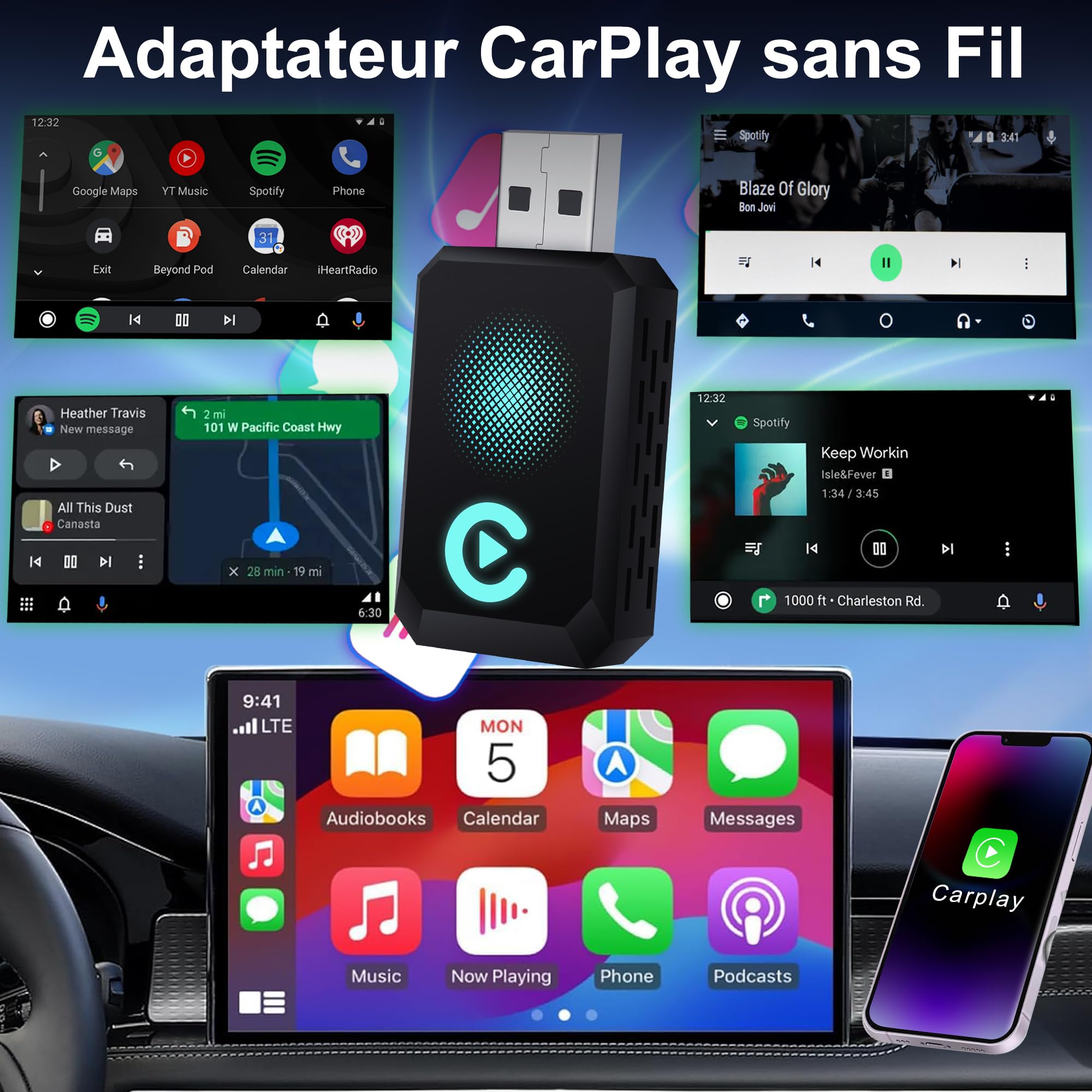 Adattatore CarPlay Wireless, Compatibile con A-pple CarPlay, Plug and Play, Type-C/USB, Adatto A Oltre 800 Veicoli (blu)