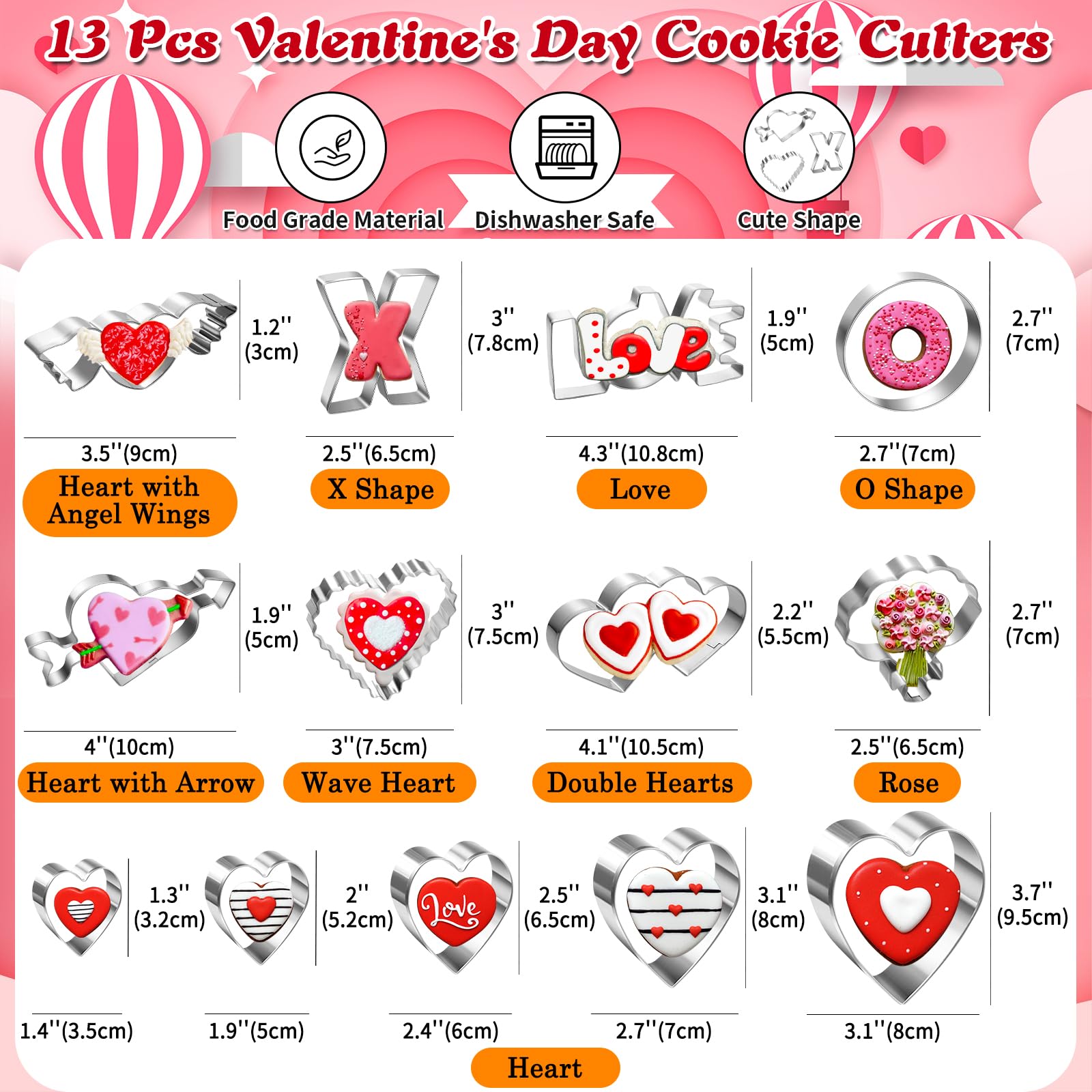 Juego De 8 Cortadores De Galletas De Acero Inoxidable: Corazón, Rosa, Labio, Arco, Llave (Rojo/Rosa) - Core Kitchen