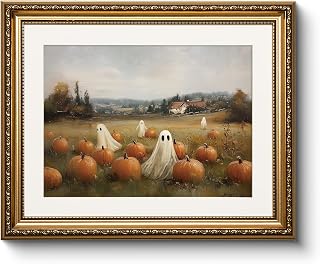Vintage Halloween Ghost and Pumpkin Patch Gold Framed Wall Art, 13x16 Inch Canvas Print with Spooky Autumn Fall Landscape Painting, Rustic Halloween Living Room Bathroom Bedroom Home Decor