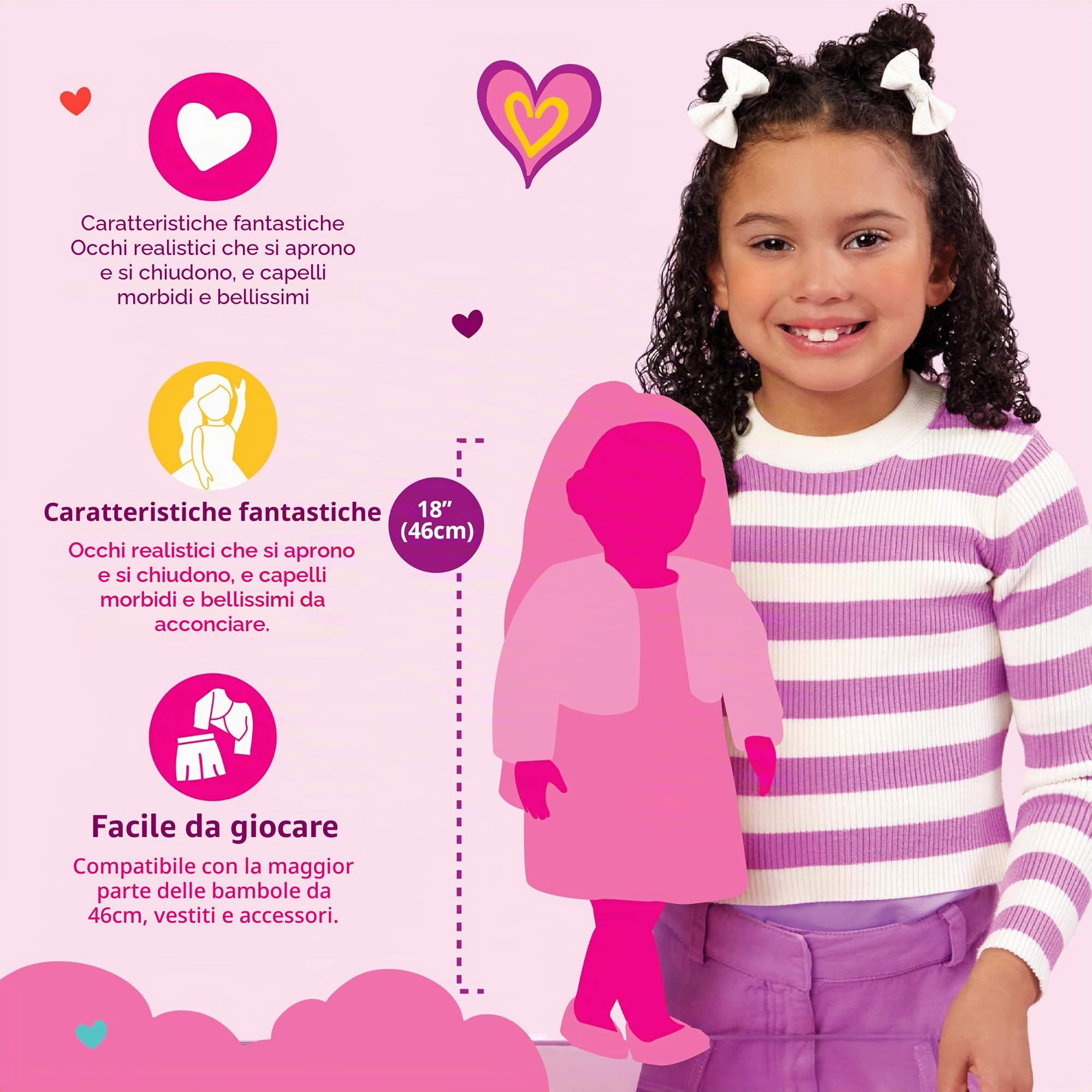 Our Generation Amora bambola di moda da 46 cm con 3 outfit a cuore | 19 pezzi con 3 outfit e accessori moda, capelli castani lisci da acconciare, occhi marroni che si aprono e si, 3+ anni