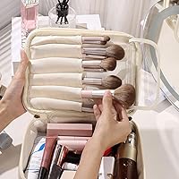 Vista 4 de Pocmimut Bolsa de maquillaje, bolsa de cosméticos grande 2 en 1 con soporte para cepillos, bolsa de aseo de viaje y organizador de tocador para Beige