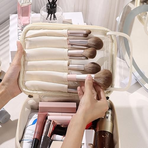 Miniatura 4 de Pocmimut Bolsa de maquillaje, bolsa de cosméticos grande 2 en 1 con soporte para cepillos, bolsa de aseo de viaje y organizador de tocador para