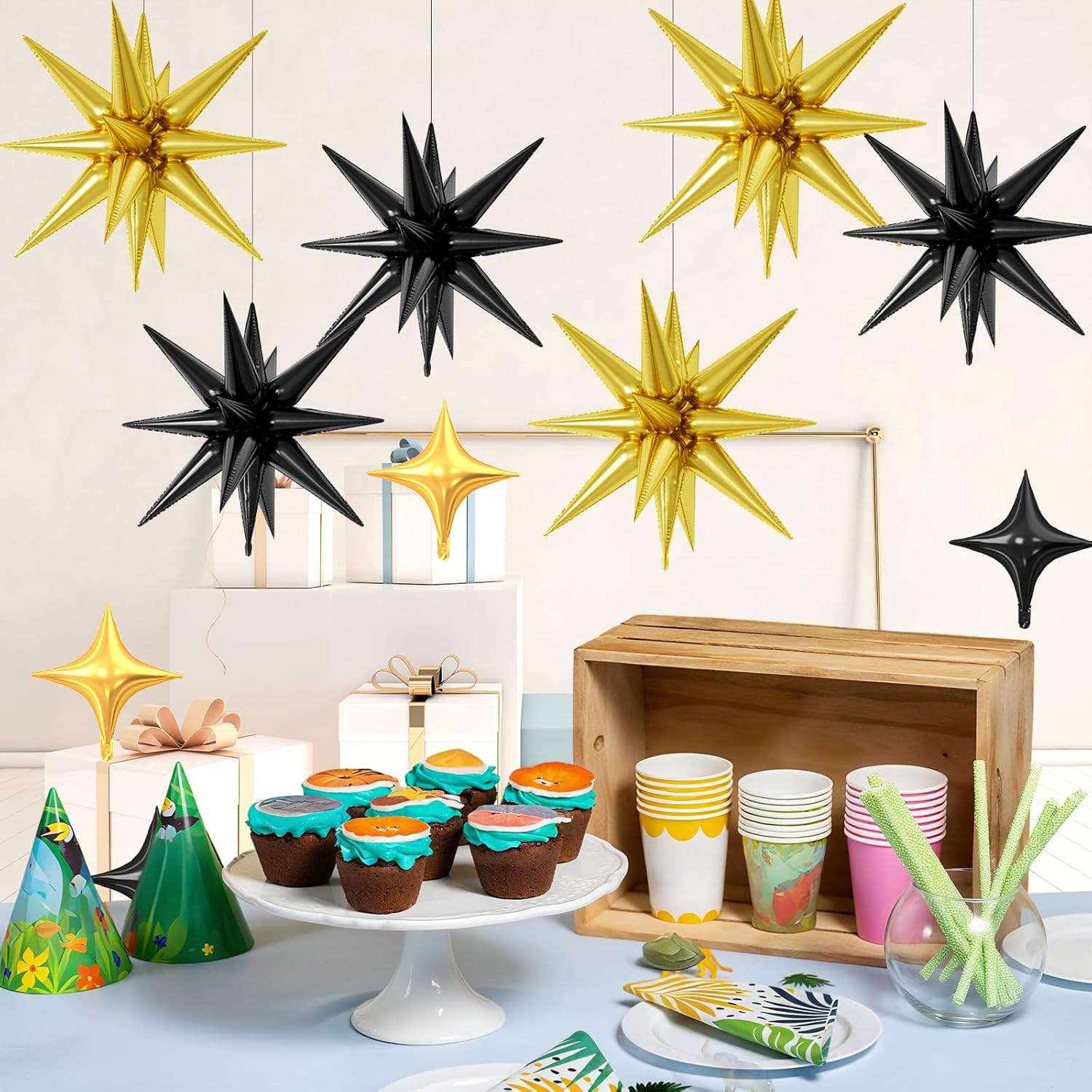 18 Pcs Black Gold Star Balloons, Gold and Black Balloon with 6 Pcs 22-Inch Explosion Star Balloons 12Pcs 10-Inch Four Pointed Stars Foil Balloon for Anniversary Disco Birthday Party Decorations