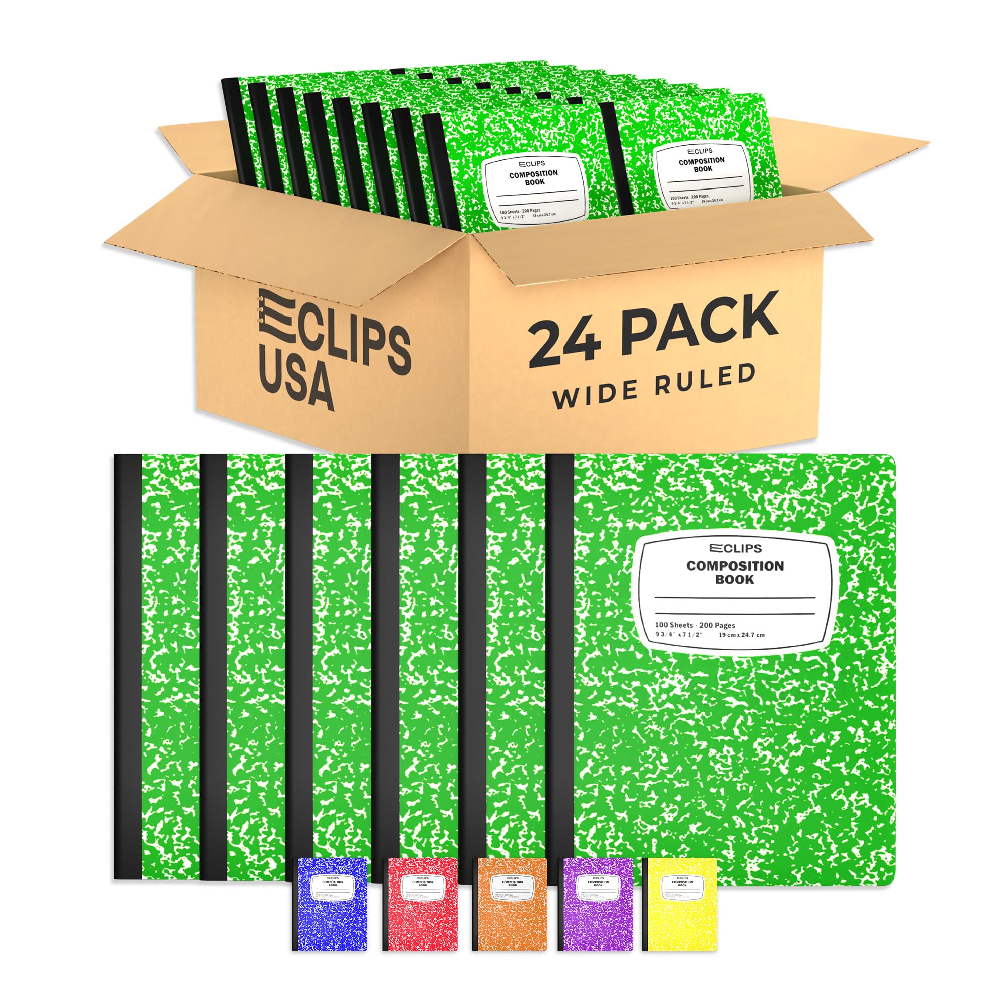 E-CLIPS USA Composition Notebooks, (24 Pack), Wide Ruled Composition Notebook, Marble Composition Notebook, 100 sheets, 200 Pages (24, Green)