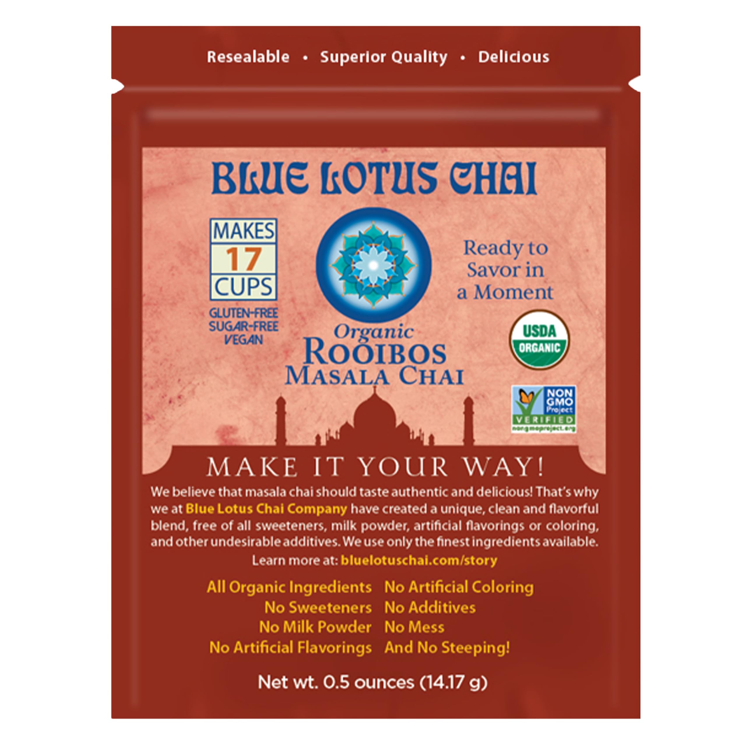 Blue Lotus Chai - Rooibos Masala Chai - Makes 17 Cups - 0.5 oz Pouch Masala Spiced Chai Powder with Organic Spices - Instant Indian Tea No Steeping - No GlutenUSDA Organic