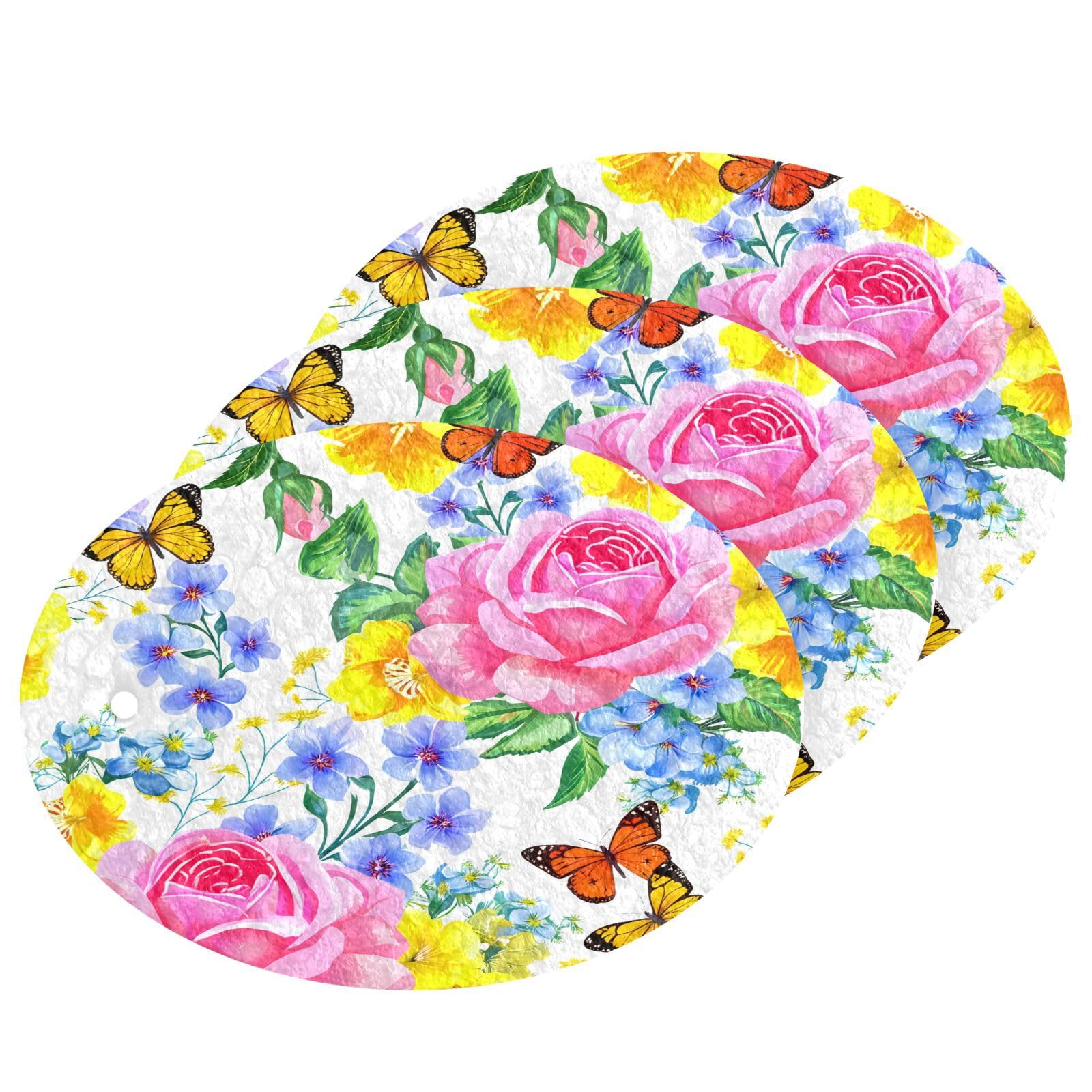BOESI Doodle Colorful Flowers Wood Pulp Sponge Kitchen Scrubbing Sponge Absorbent, Strong Adsorption for Kitchen Cleaning 3 pcs.