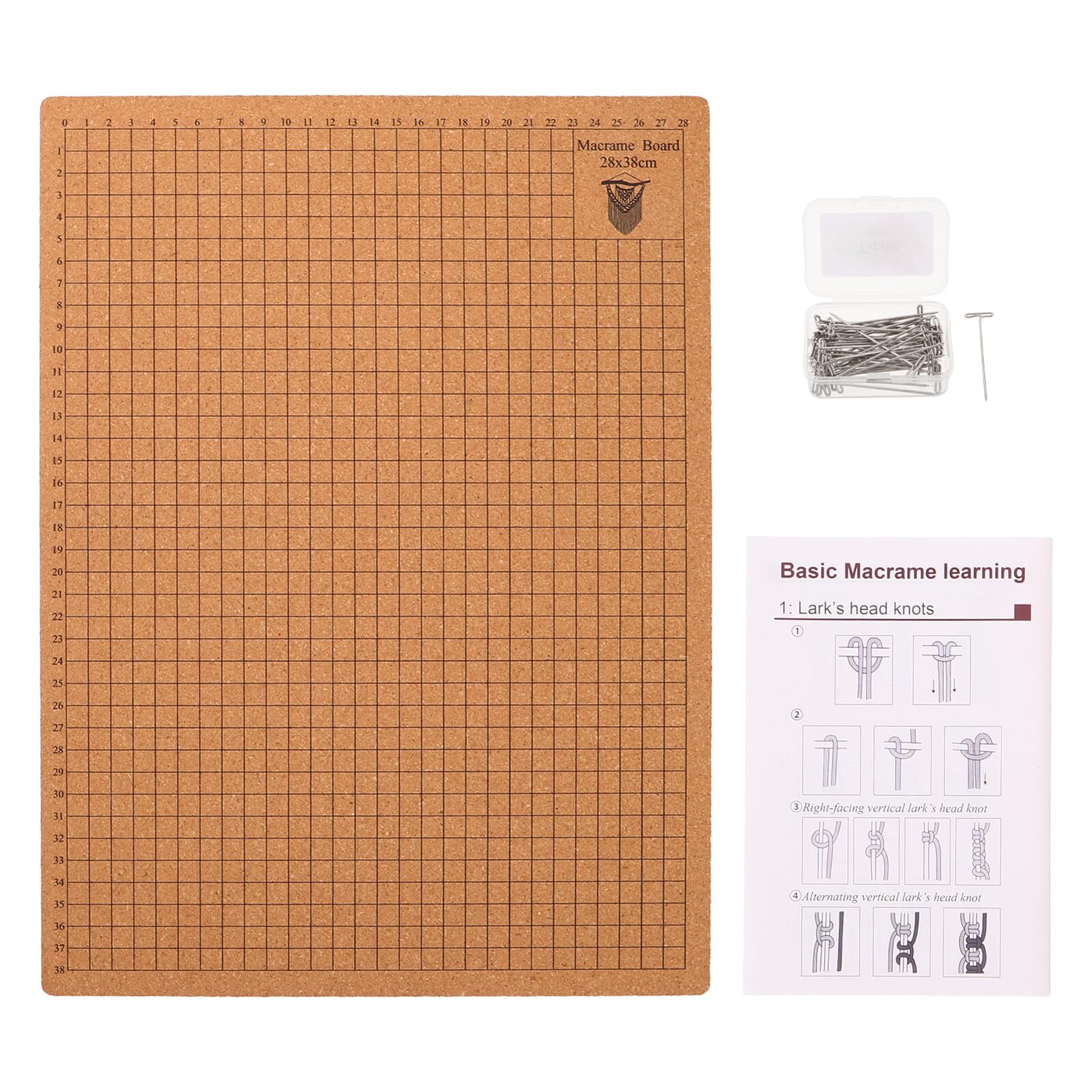 Kit D’Outils de Macramé pour Débutants Planche Quadrillée en Liège 28x38 Cm, 50 Épingles en T et Coussin à Épingles Doux – Accessoires de Tricot et Crochet pour Tissage, Macramé