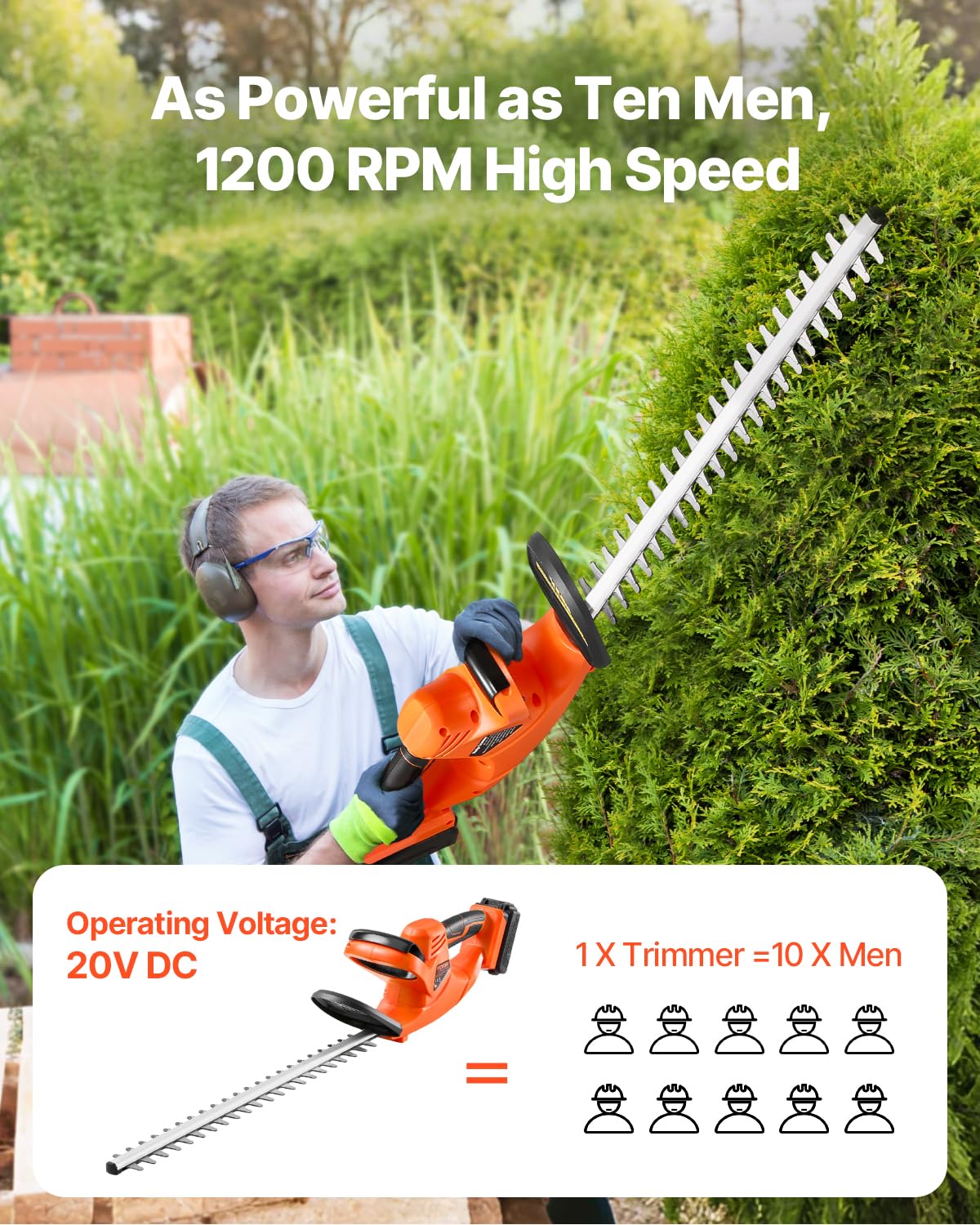 VEVOR Elektryczne nożyce do żywopłotu, 1200 obr./min, podkaszarka do żywopłotu do niskich gałęzi, akumulator 20 V, 2 A, elektryczne nożyce do żywopłotu z ostrzem Dual-Action 51 cm i bezpieczną