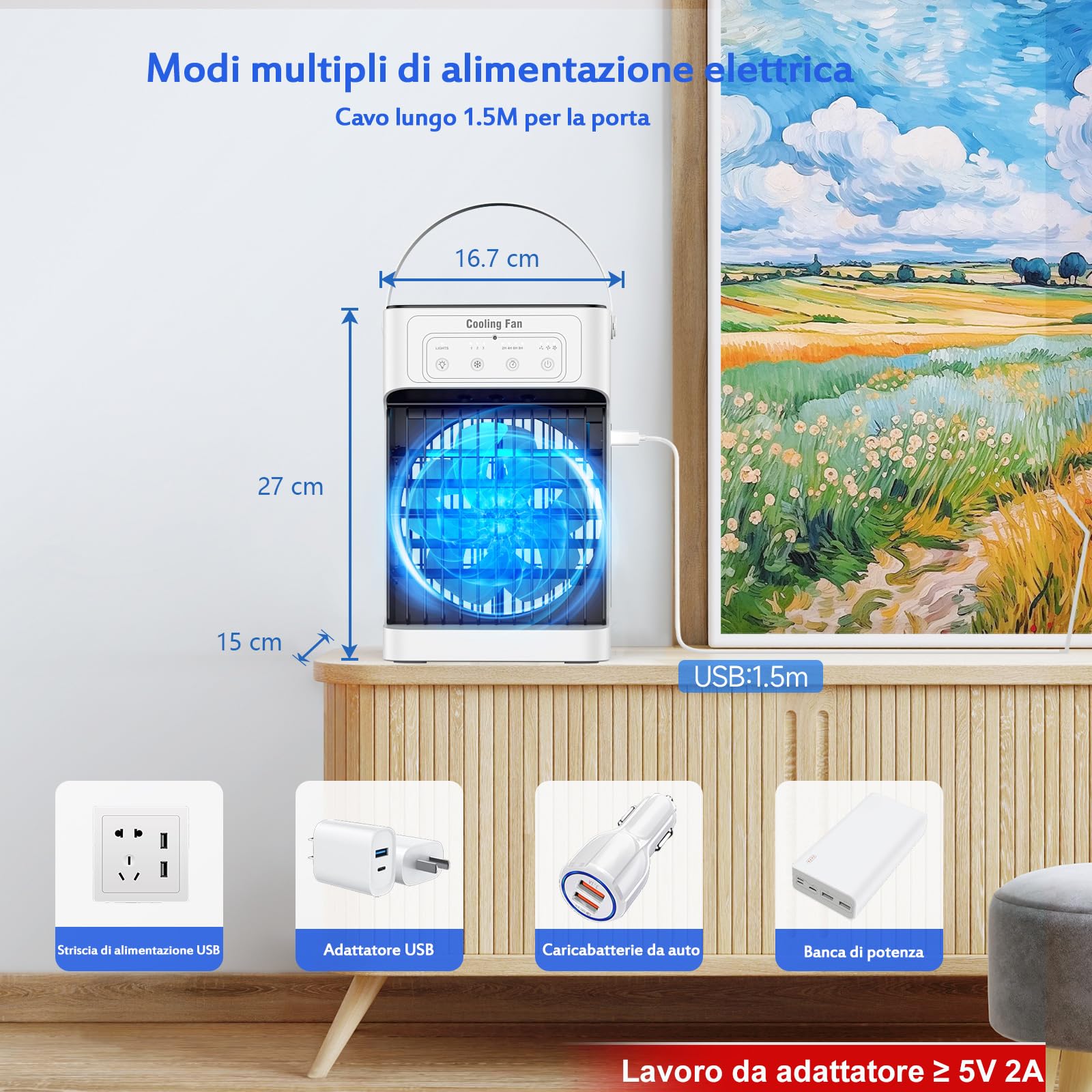 Mini Condizionatore Portatile, 1100 ml Raffreddatore d'aria, 3 Velocità e 3 Modalità di Nebbia, 2-8H Timer e 7 LED Condizionatore Portatile Senza Tubo per Camere, Auto,Camper, e Uffici (10W)