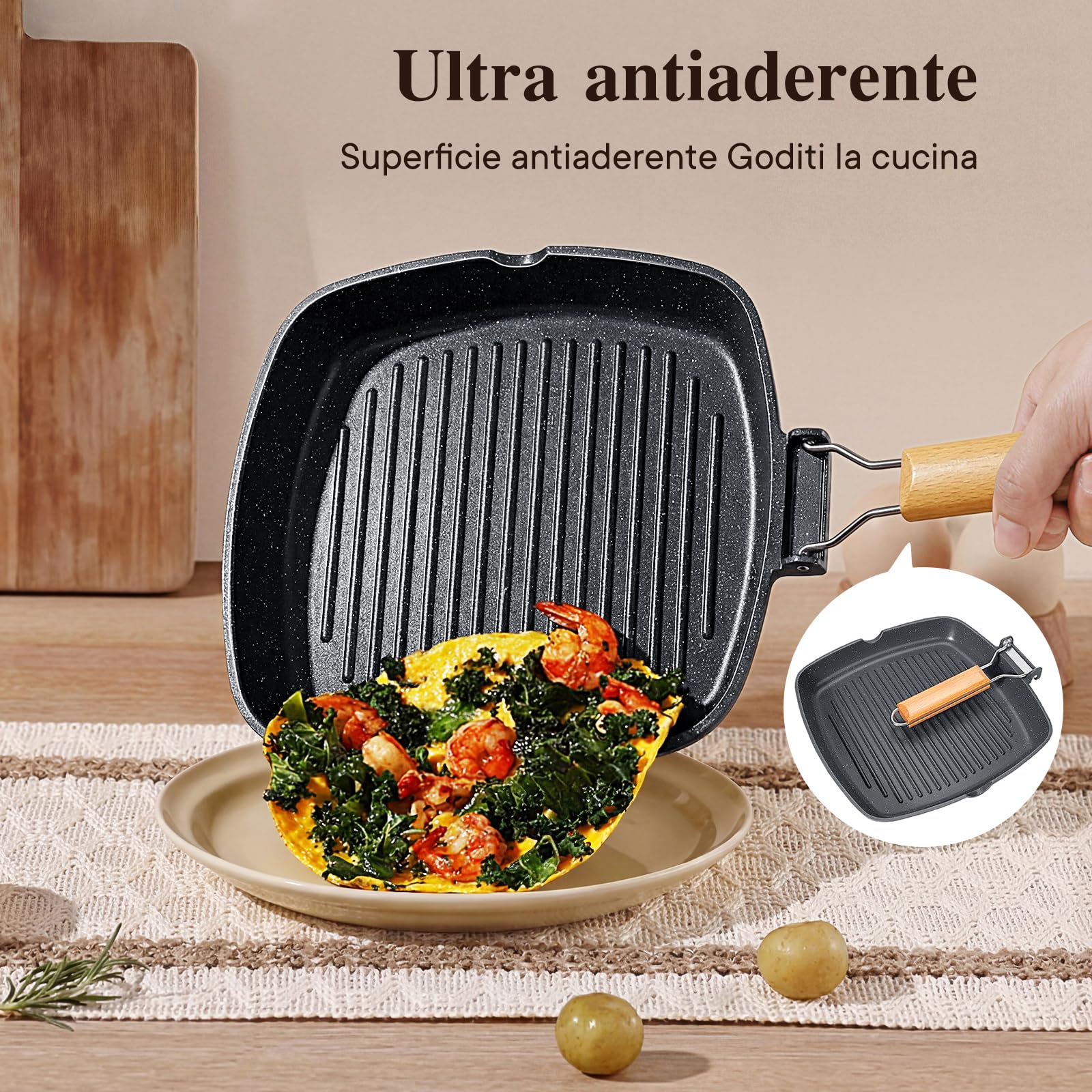 GiPP Bistecchiera antiaderente 24 x 24 cm Grill con manico pieghevole | Adatta per Tutti i Tipi di Fornelli, Induzione, gas, ceramica, elettrico, Alluminio, Facile da riporre e salvaspazio