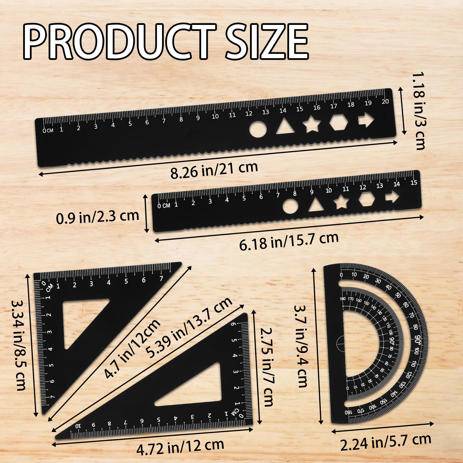 5 PCS Metal Geometry Set with Protractor and Triangle Rulers, 8 & 6 Inch Aluminum Alloy Math Drafting Ruler Straight Measuring Tool for School and Office, Metric and Imperial Black - Image 2