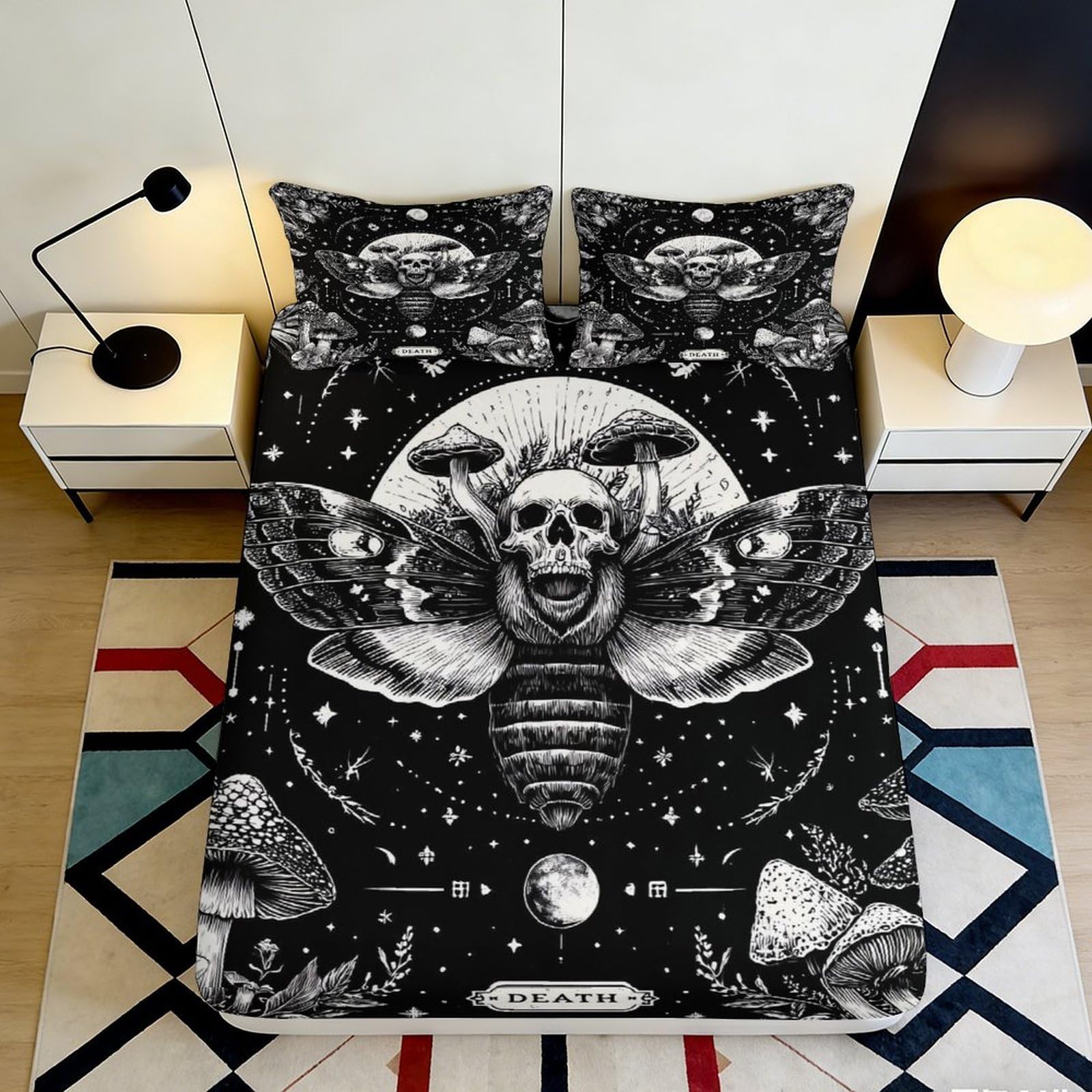 3D Printed Gothic Skull Fitted Sheet Microfiber Soft Black Moth Moon Mattress Cover for Bedroom Dorm Mattress Protection Decor 90x200x25cm