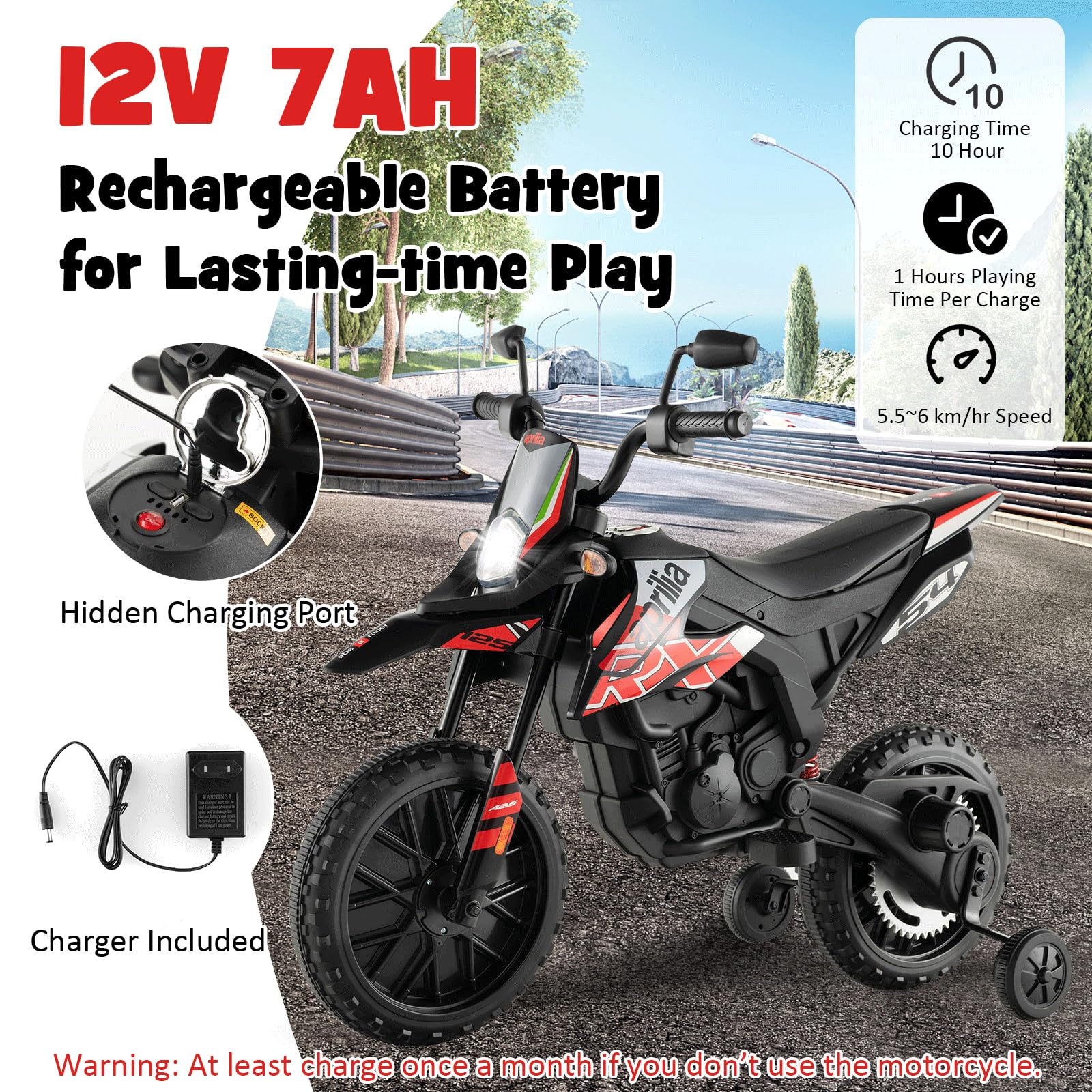 GOPLUS 12V Aprilia Elektro Motorrad, Kindermotorrad mit 2 Stützrädern & Scheinwerfer & Musik, Kinderfahrzeug mit Doppelmotoren & Stoßdämpfer, 5,5-6 km/h, für Kinder von 3-8 Jahren (Rot)