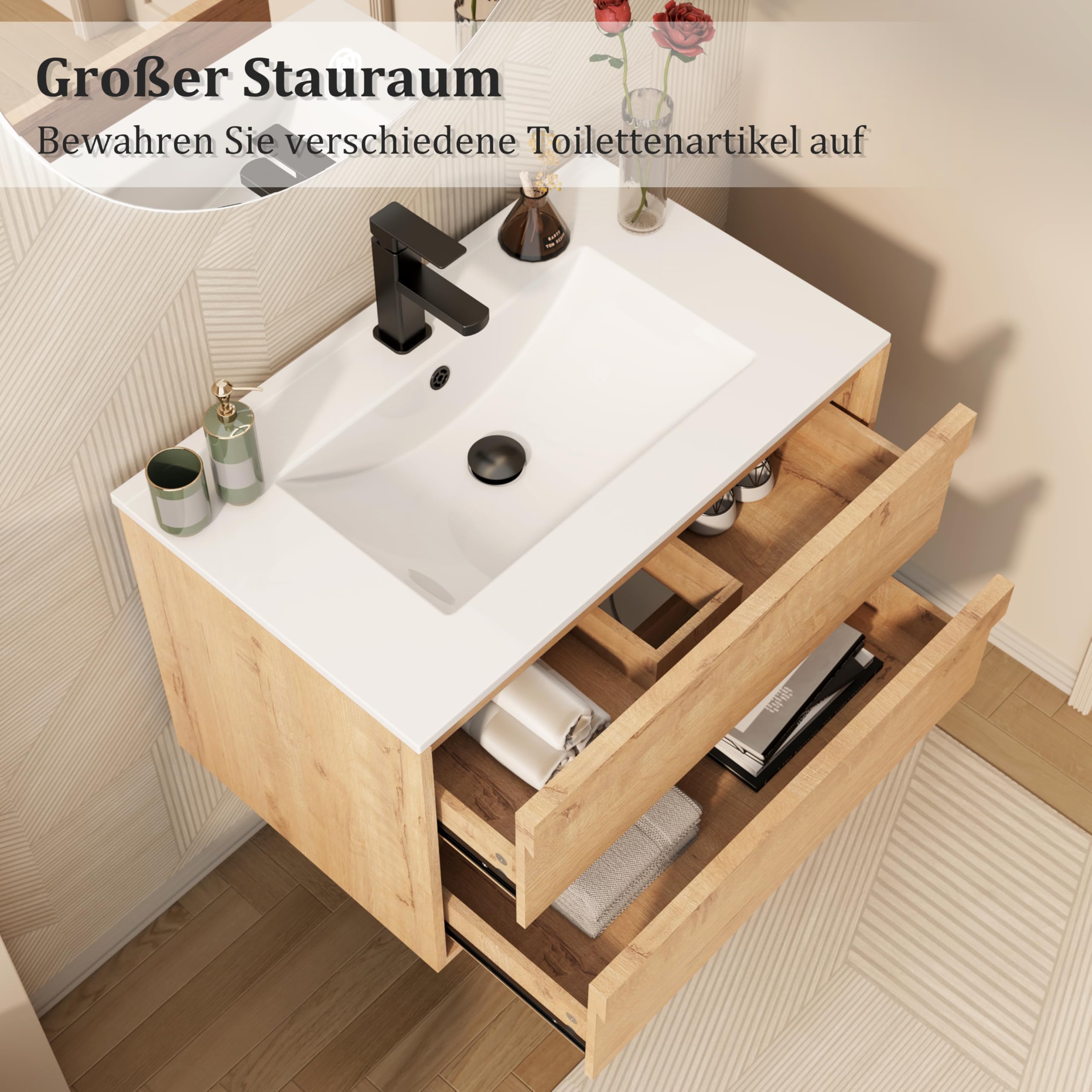 UEV Waschtisch mit Unterschrank, Waschbeckenunterschrank 60cm hängend, mit Soft-Close-System, Waschplatz, Aufsatzwaschbecken, Badezimmmer Möbel für Gäste WC, Badmöbel Set für Badezimmer, Natur