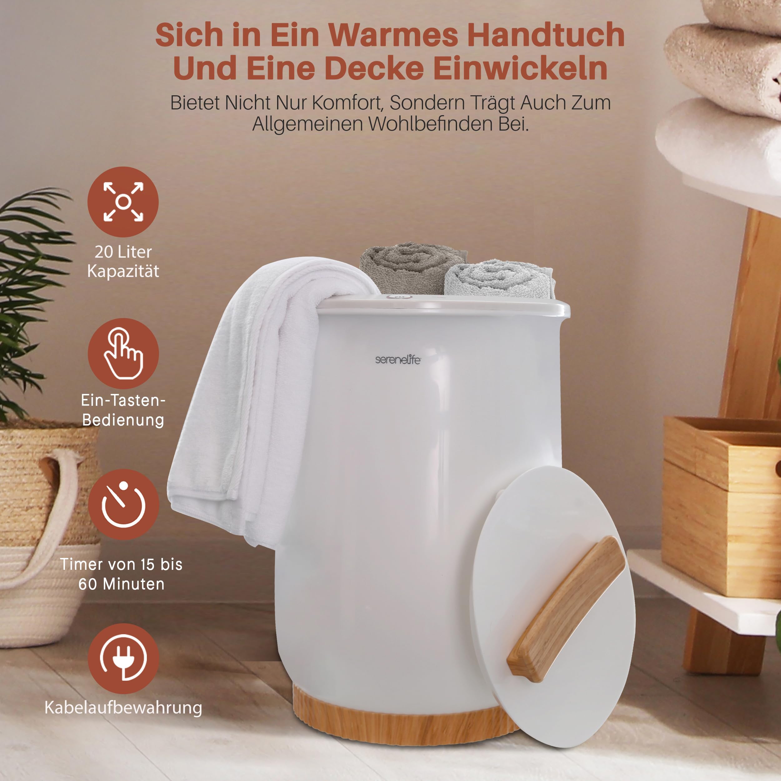 SereneLife Handtuchwärmer Elektrisch 20L Weiß – Towel Warmer für Badetücher, Bademäntel und Decken mit Aromafunktion, Auto-Off und schnellem Aufheizen