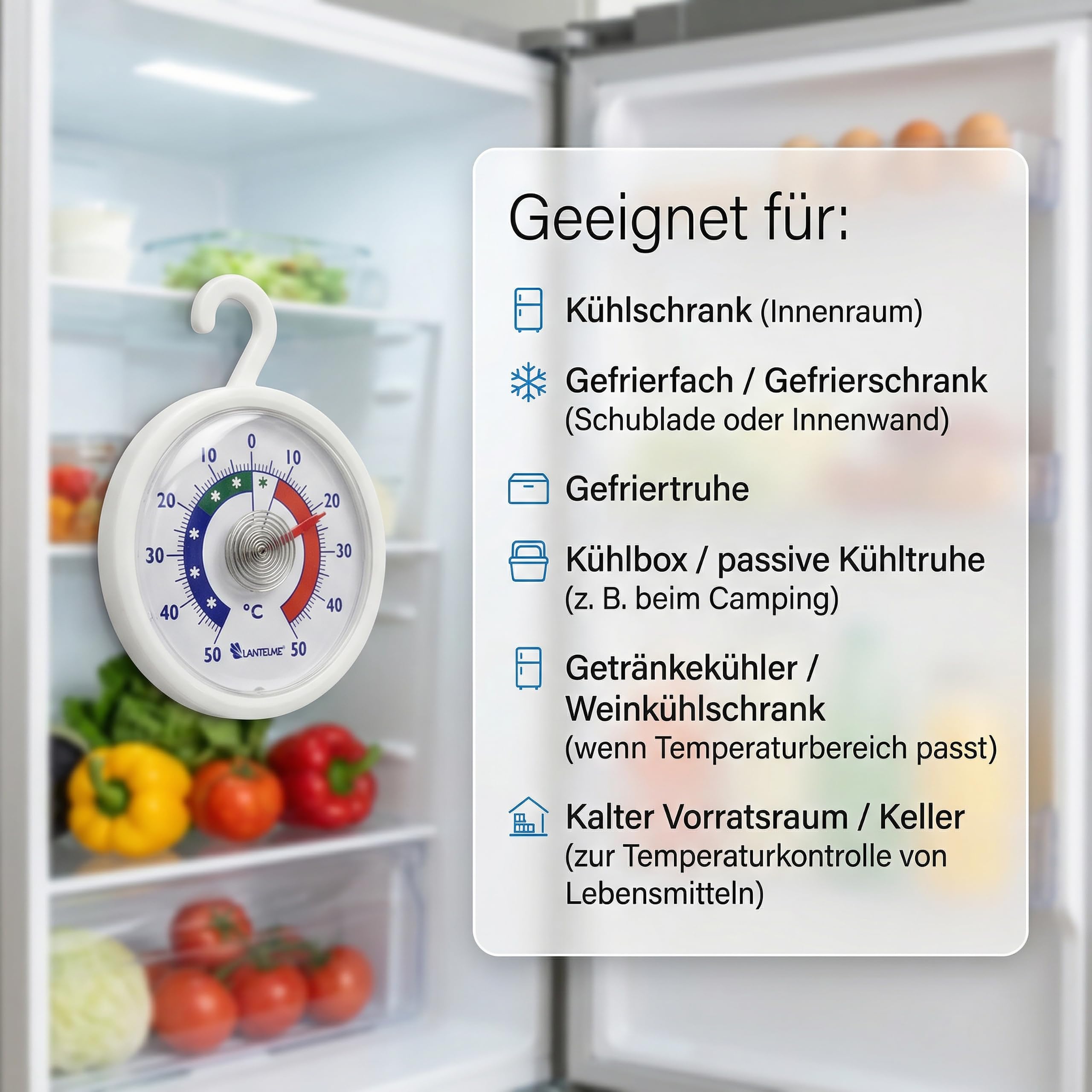 Lantelme 5 Stück Kühlschrankthermometer Set mit Haken zum aufhängen | Temperatur + - 50°C | auch für Gefrierschrank Gefriertruhe Kühltheke Weinschrank | Analog Kühlschrank Thermometer