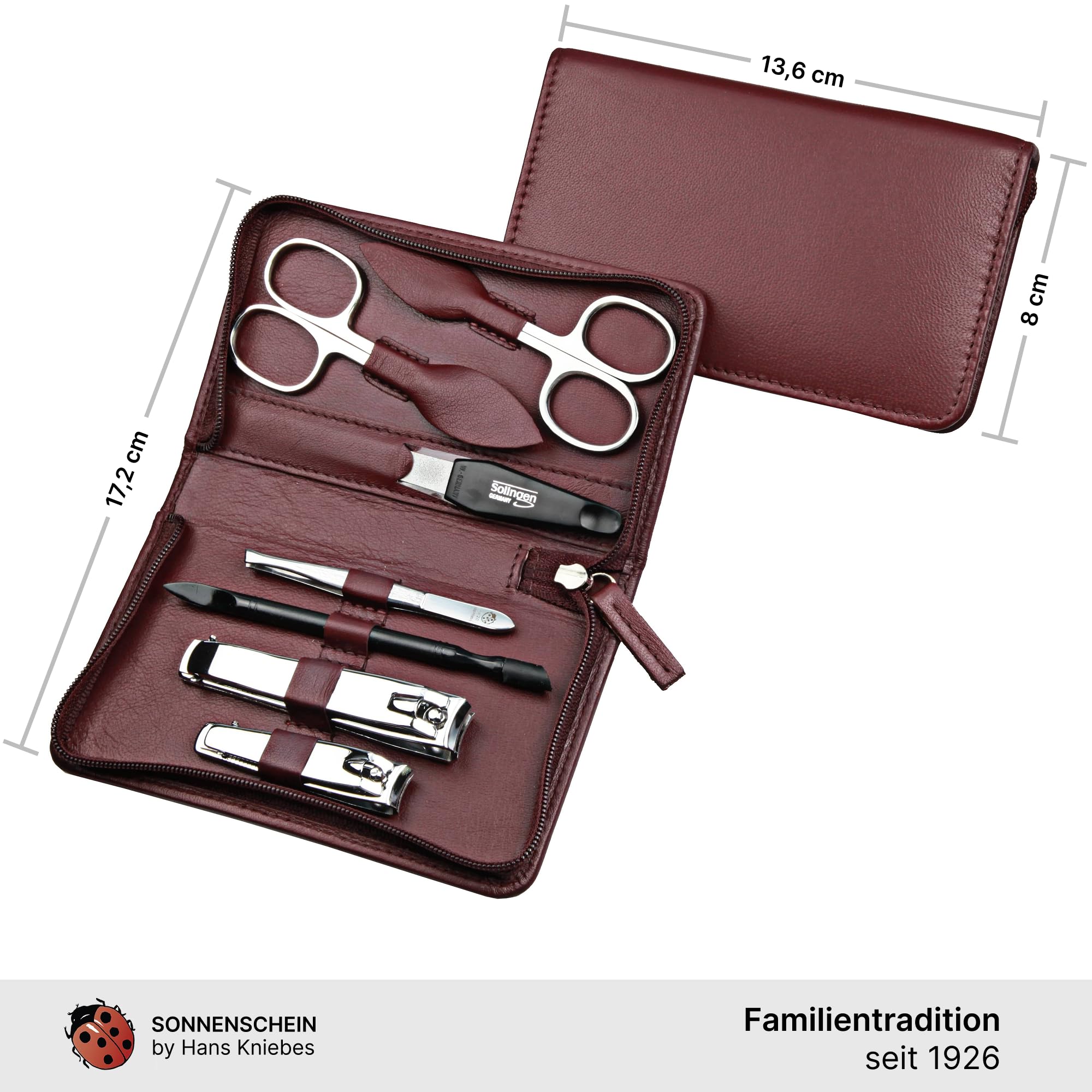 Set manicure 7 pezzi – Custodia con cerniera con strumenti in acciaio inox e acciaio al carbonio – Manicure e pedicure – Custodia in pelle di agnello Nappa (Bordeaux)