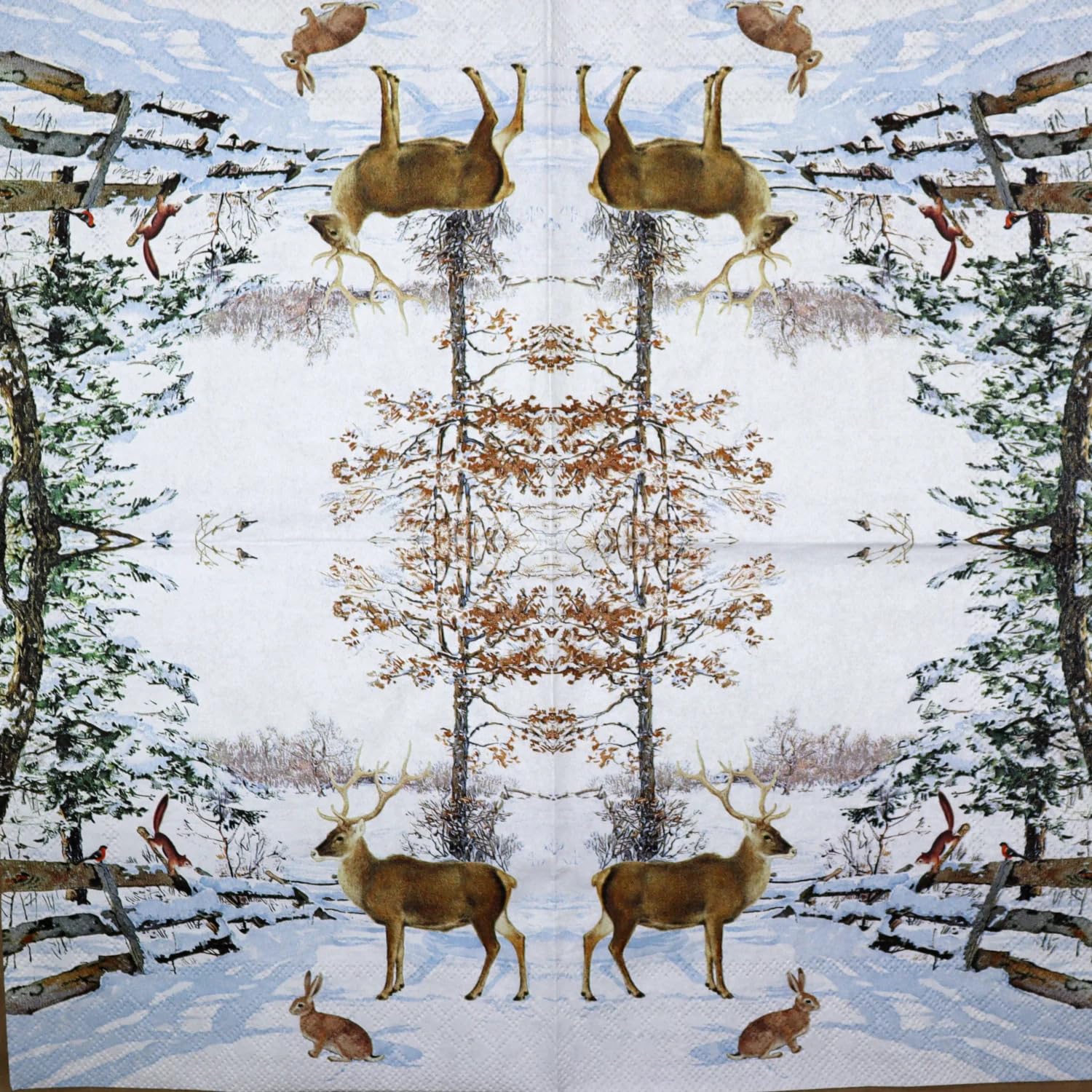 Set of 2 Individual Decoupage Paper Party Napkin Winter Deer Animals Snow Watercolor Decor Luncheon Napkins for a Birthday Holiday, Wedding, Cocktail Party