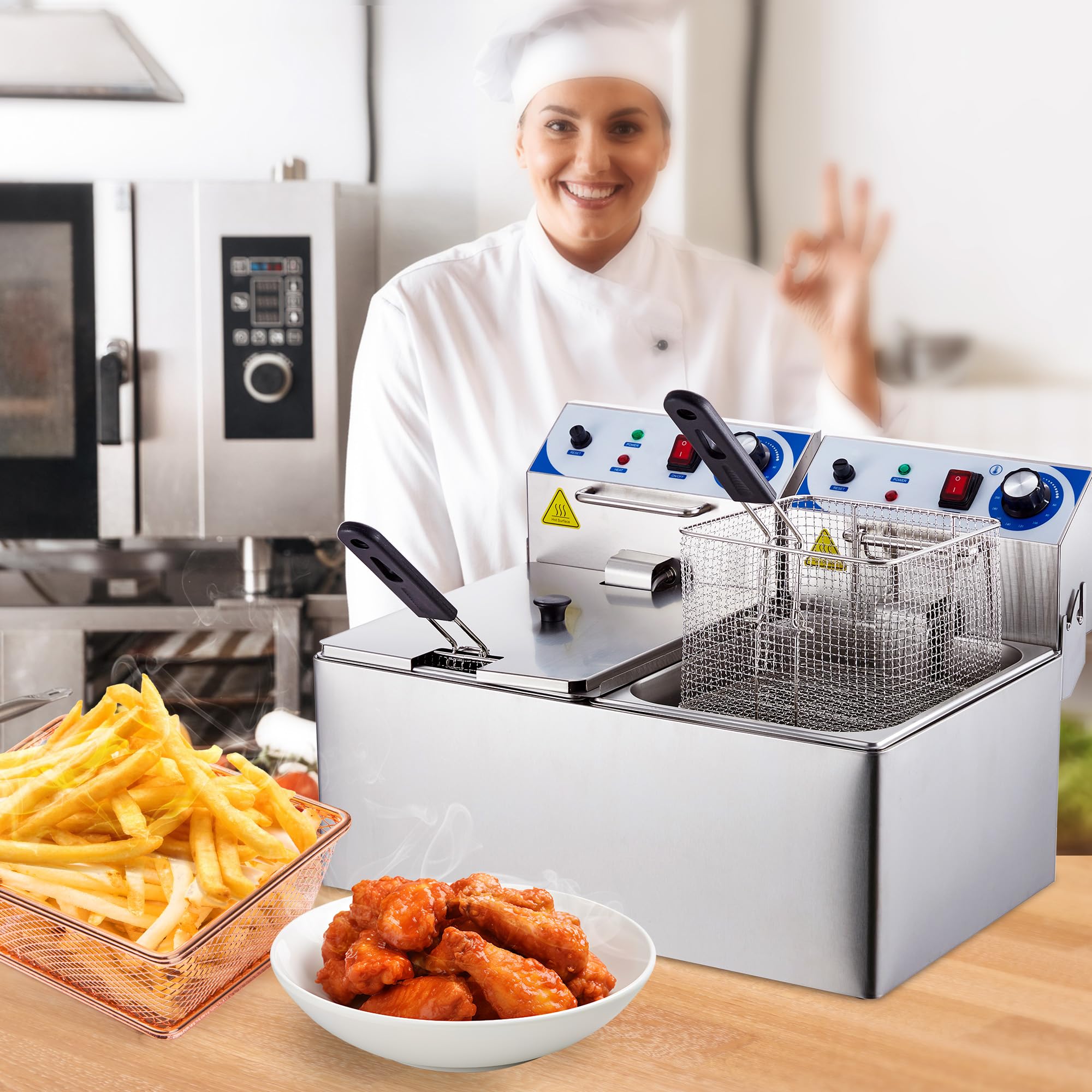 Commercial Electric Deep Fryer 2 x 10L Stainless Steel Double Fryer with Removable Basket & Lid, Temperature Control for Turkey French Fries Chicken Wings Restaurant Home Kitchen