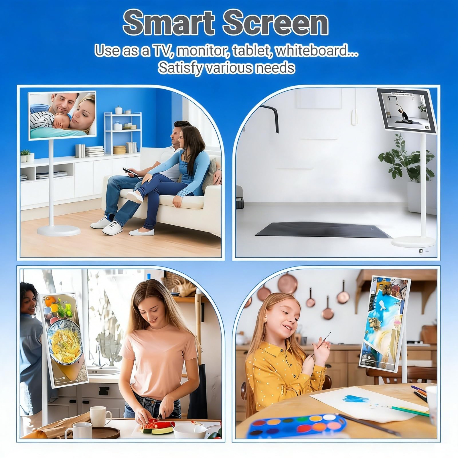 23.8" TV intelligente mobile wireless, Android 15 monitor touch portatile su ruote, display 1080P, 6GB RAM 128GB, fotocamera 13MP, batteria 8h, HDMI Type-C per smart home, ufficio