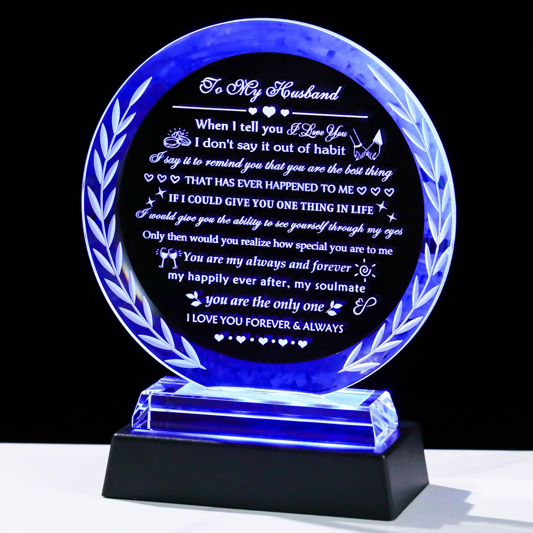 Cadeau pour mari romantique de sa femme en cristal avec socle LED