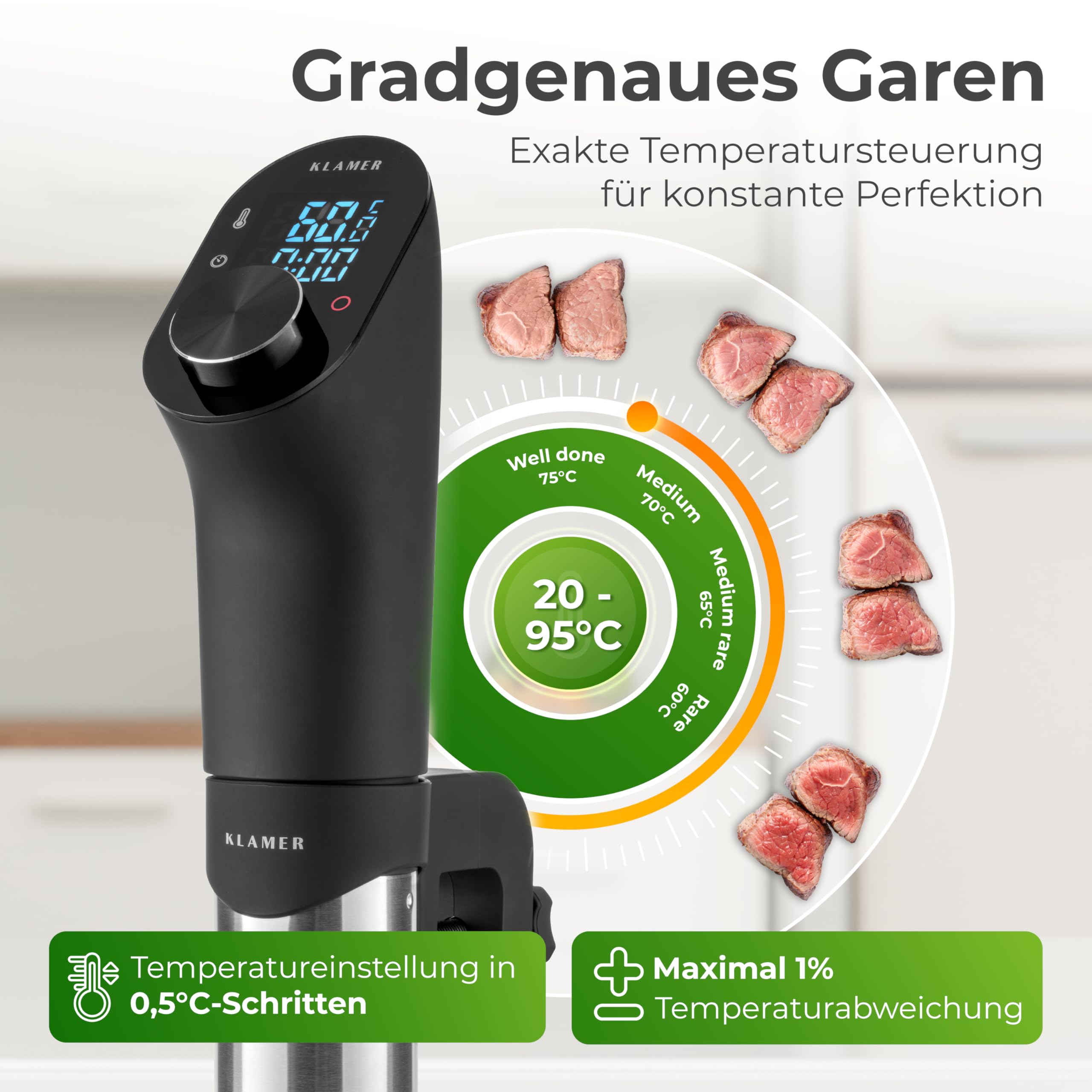 KLAMER Sous Vide Stick, 1200 Watt IPX7 wasserdichter Sous Vide Garer mit 3D Zirkulation und 20-95℃ Temperaturregelung, Schongarer Timerfunktion und LED Display