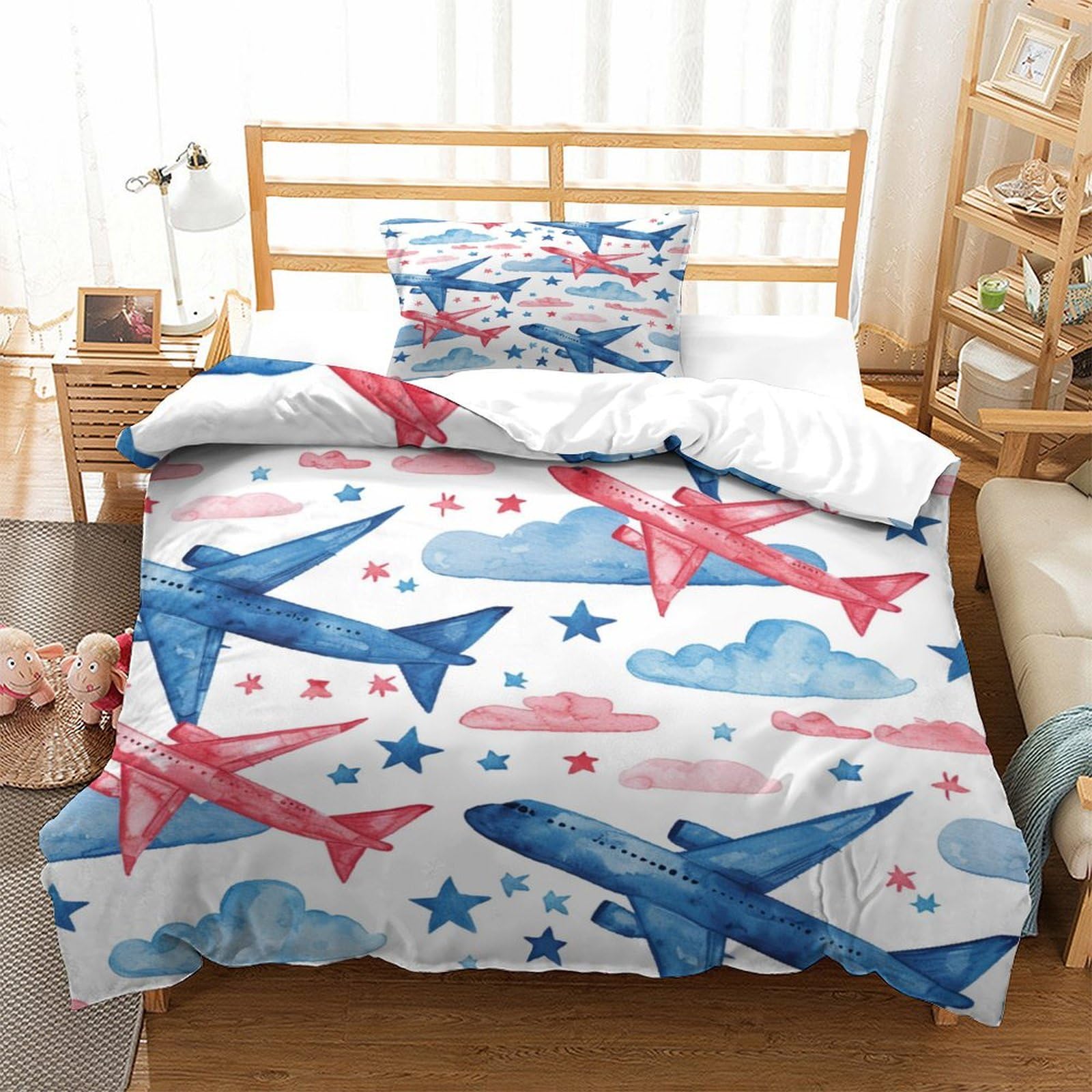 P1S9U7W5Y Cloud Star 3D Printed Airplane Duvet Cover Set 3pcs Microfiber Aviation Bedding Set Single（135x200cm）