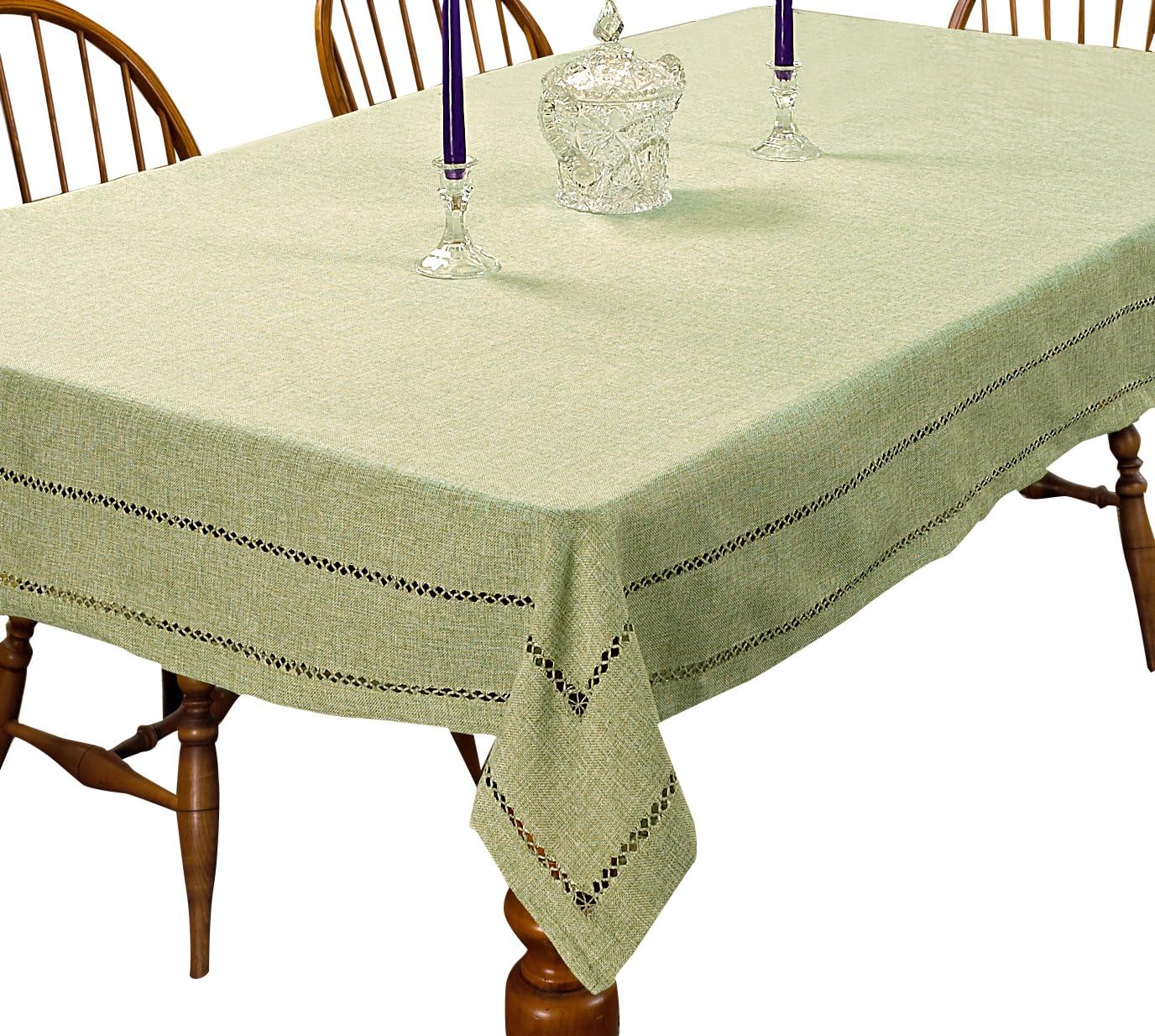 Violet Linen Hem Stitch Embroidered Vintage Design Tablecloth White 68" by 108" Oblong/Rectangle