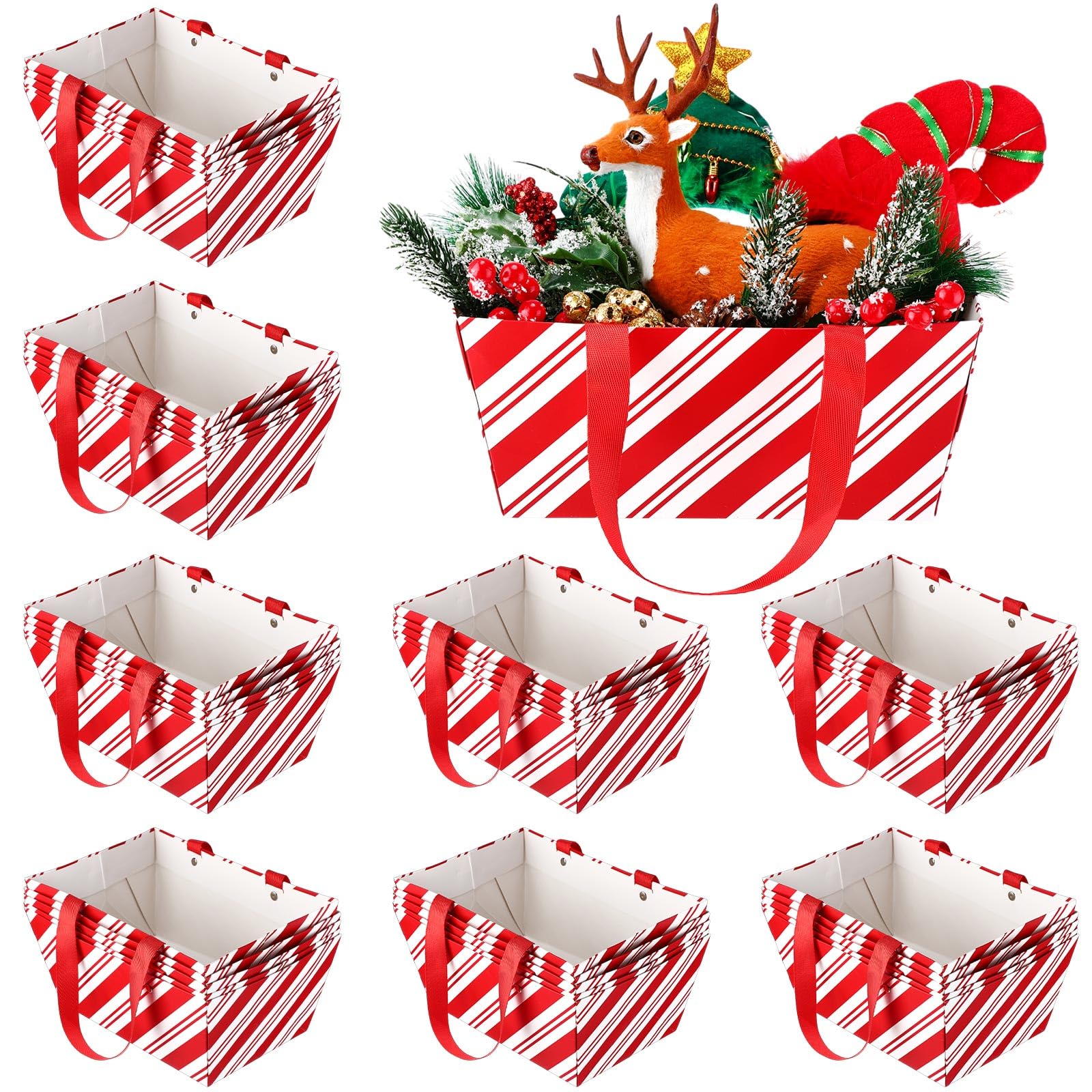 Pinkunn 48 cestas de Navidad vacías a granel con diseño de bastón de caramelo rojo y blanco con asa, bandeja de mercado para envolver regalos, exhibición de regalos de vacaciones (9.8 x 6.5 x 4.3