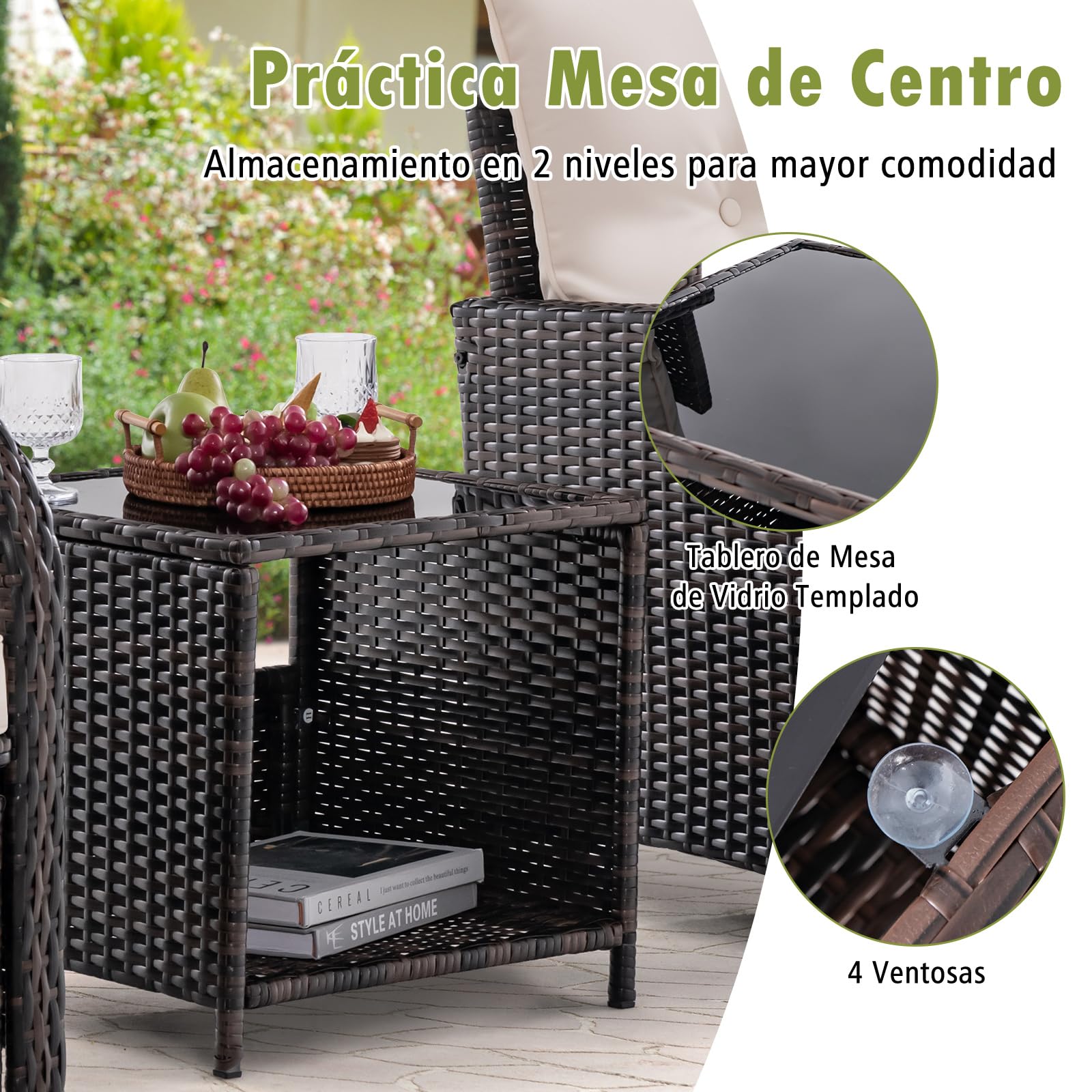 GYMAX Conjunto de Muebles de Jardín de Ratán 5 Piezas, Muebles Jardin Exterior con Cojines, 2 Sillones 2 Otomanas y Mesa Baja en Vidrio Templado, para Cojines, Jardín Patio Piscina, Beige